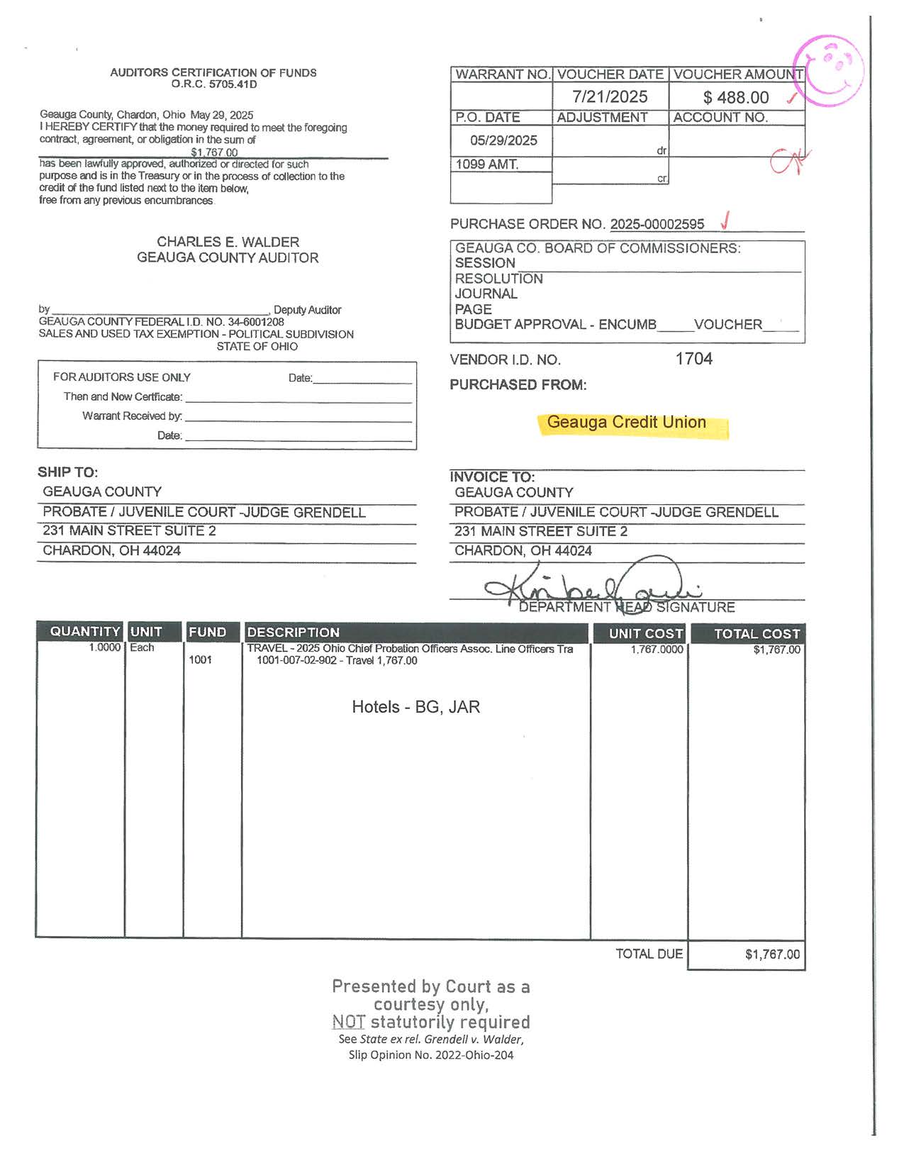 Auditor's Certification of Funds