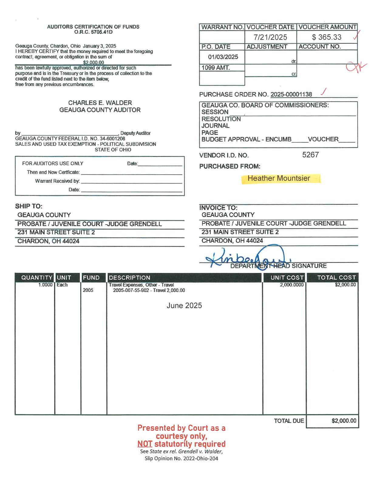 Auditor's Certification of Funds