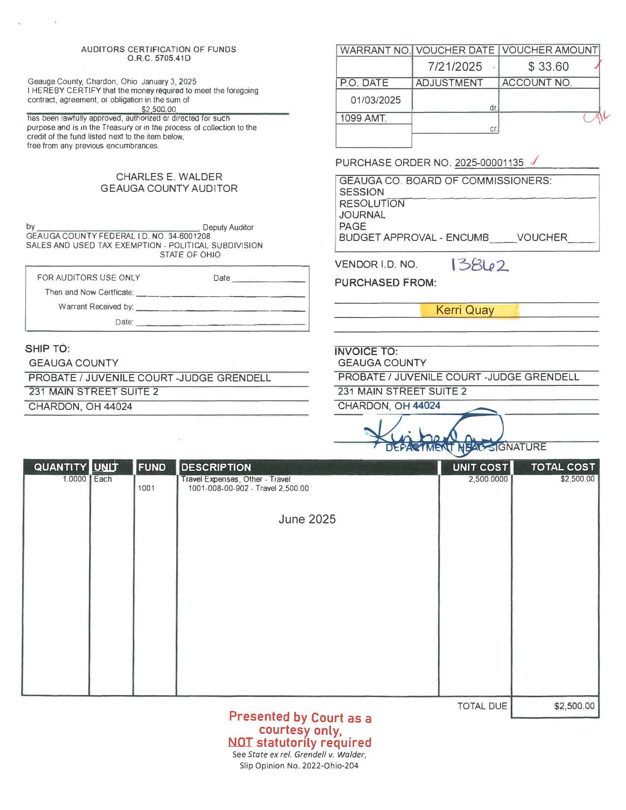 Auditor's Certification of Funds