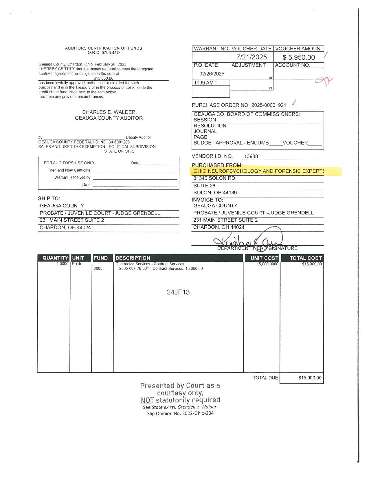 Auditor's Certification of Funds