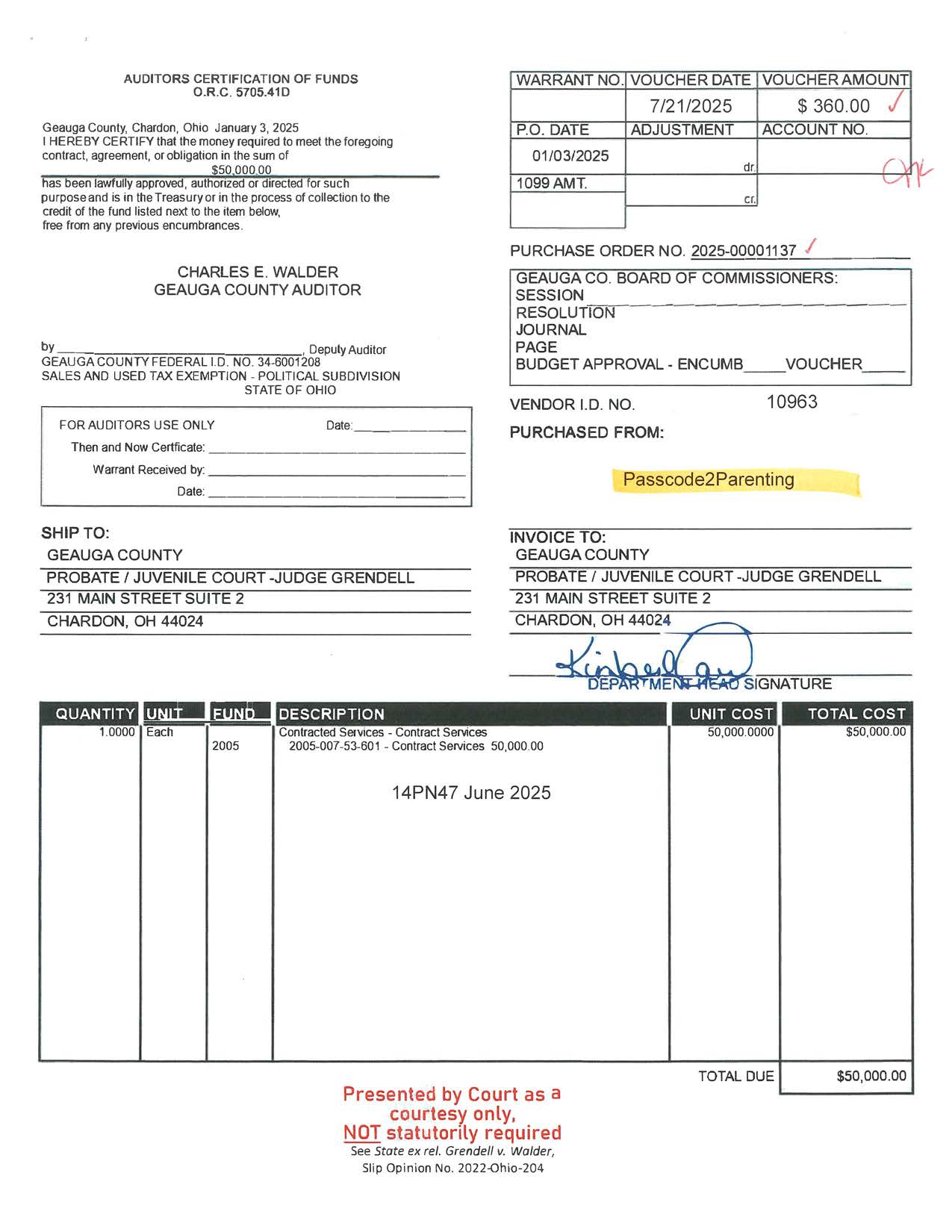 Auditor's Certification of Funds
