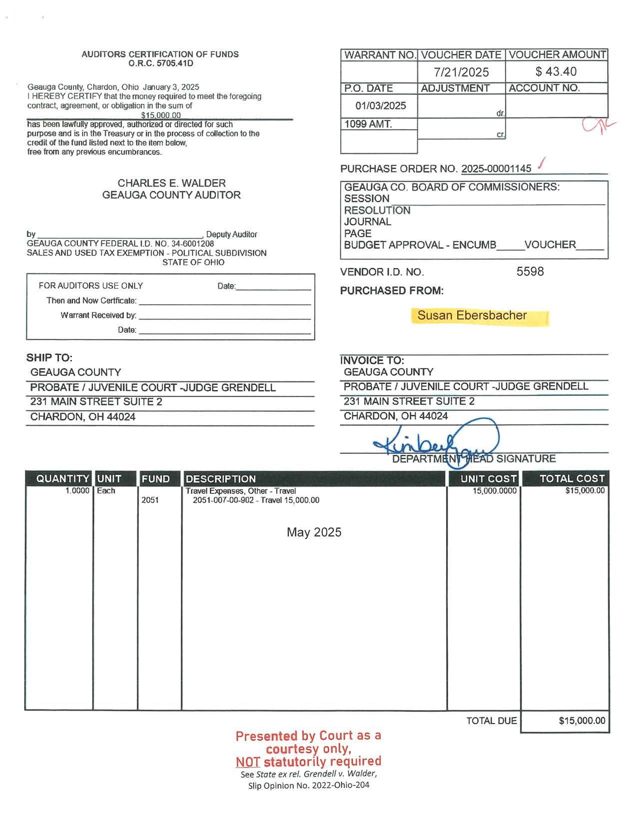 Auditor's Certification of Funds