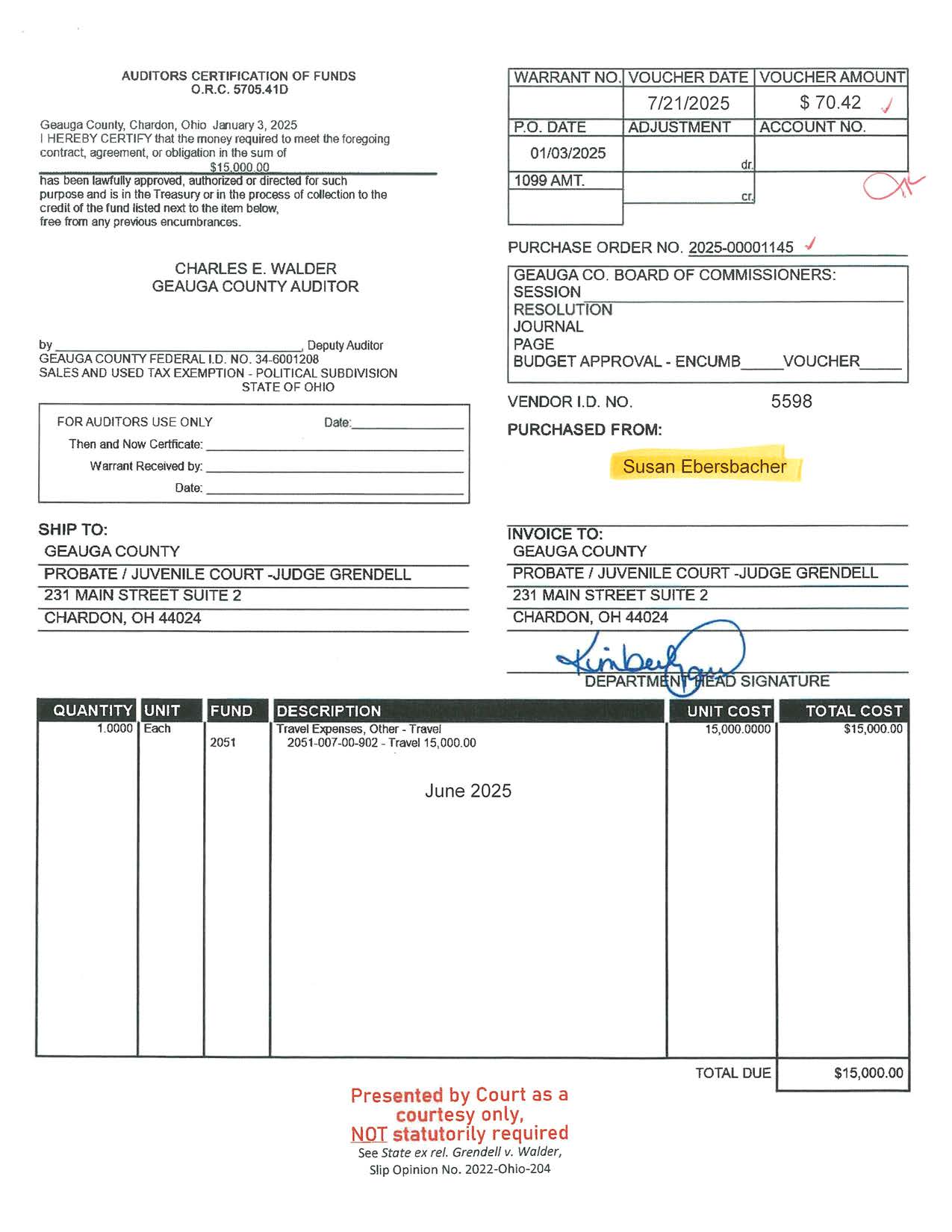 Auditor's Certification of Funds