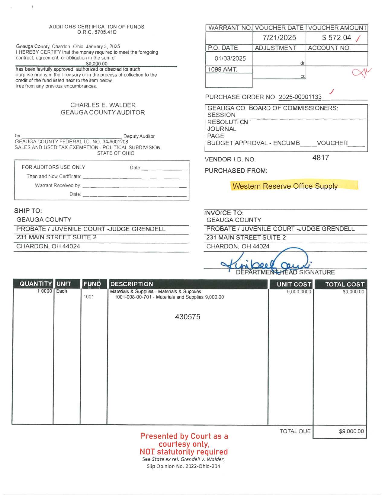 Auditor's Certification of Funds