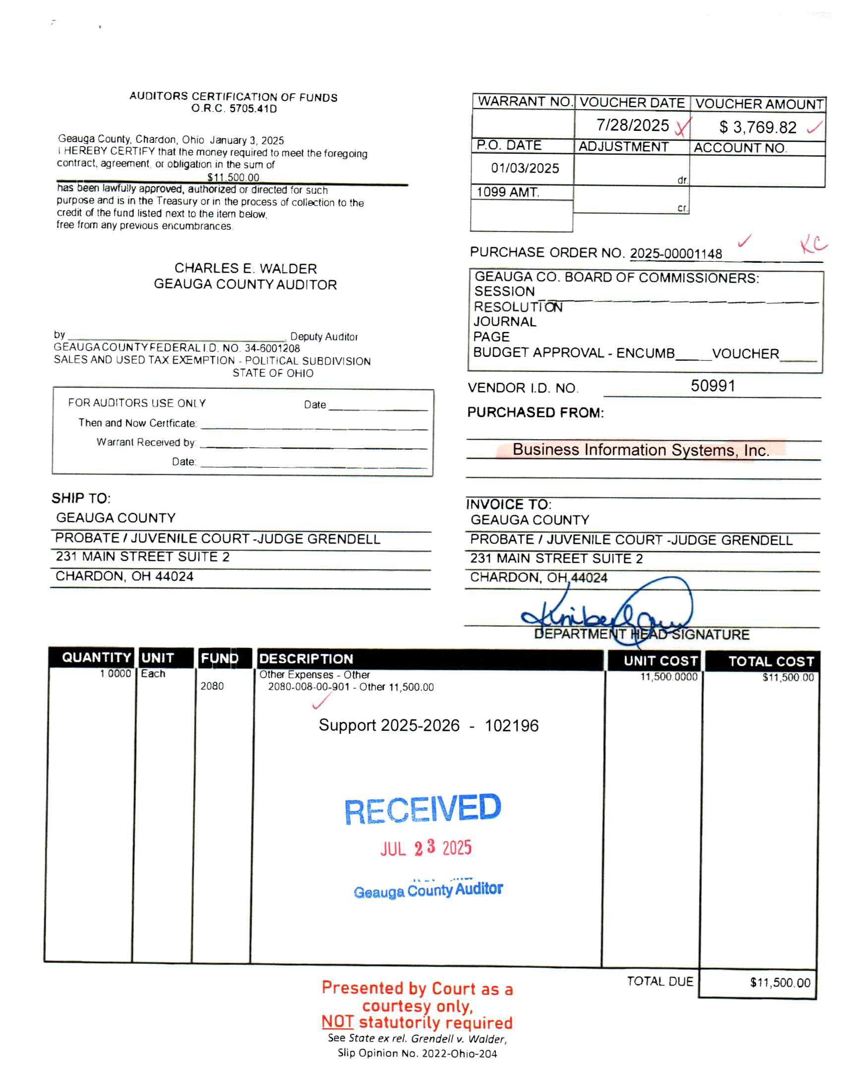 Auditor's Certification of Funds