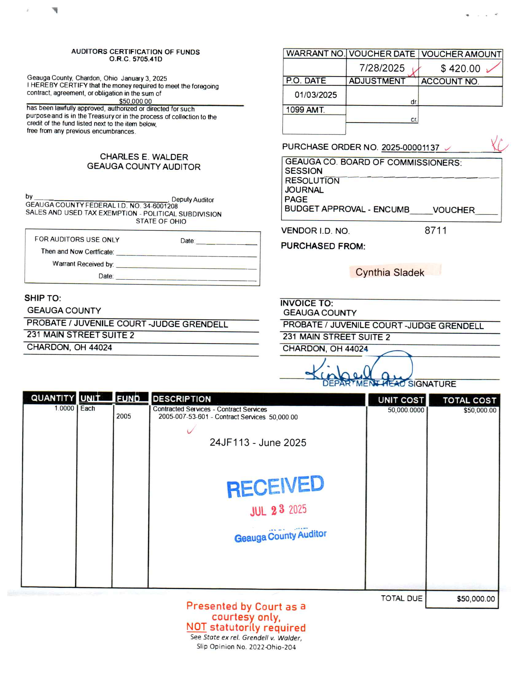 Auditor's Certification of Funds