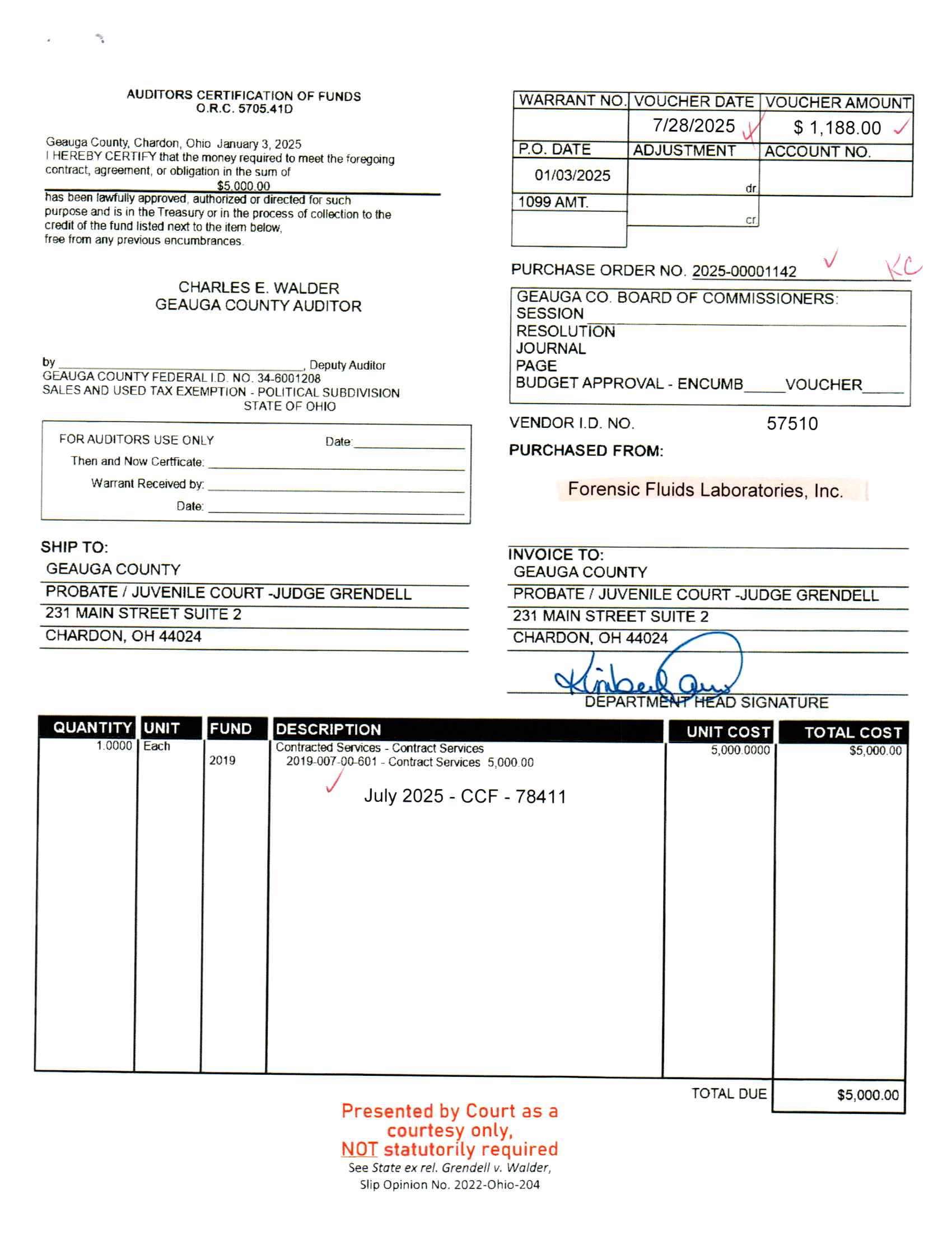 Auditor's Certification of Funds