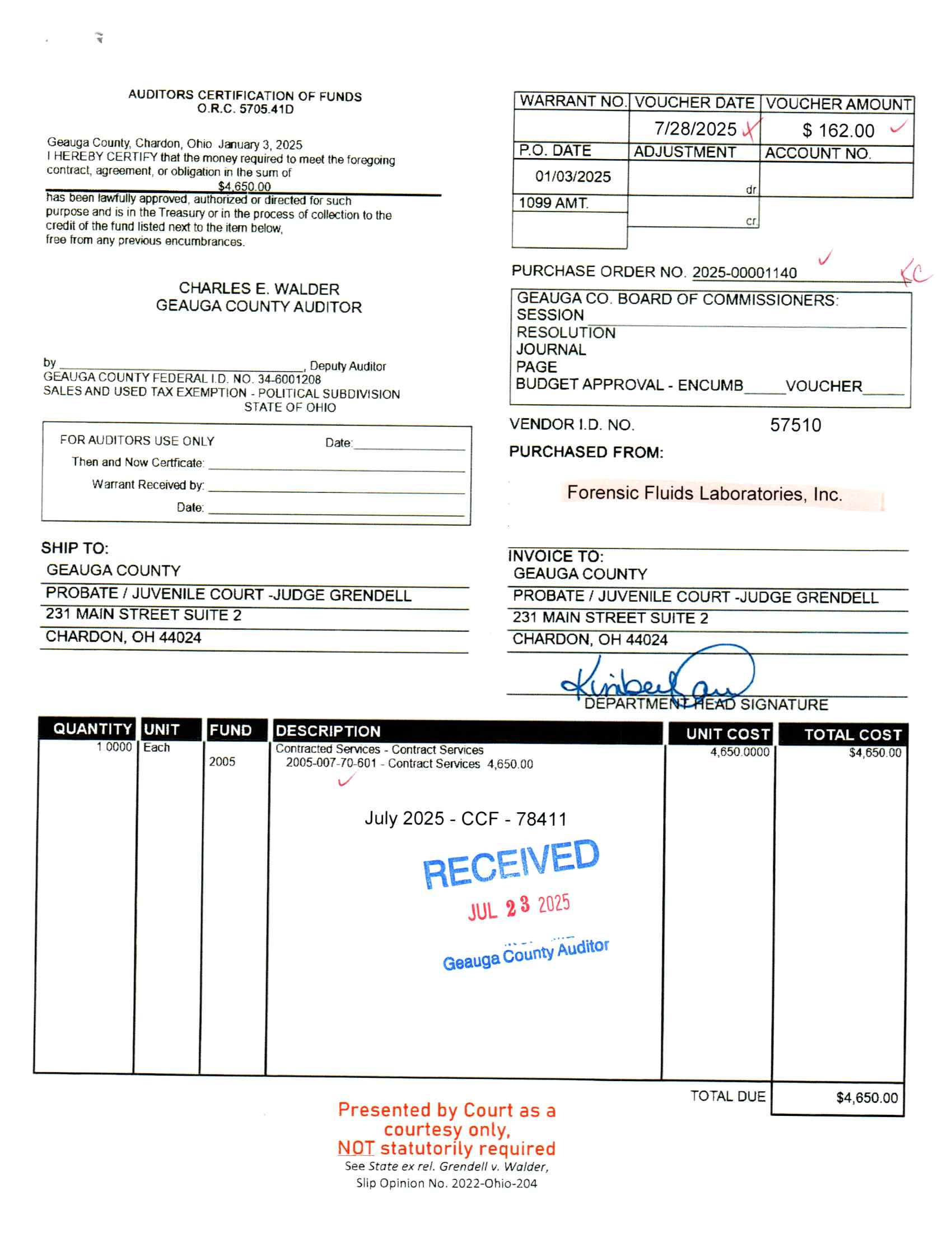 Auditor's Certification of Funds