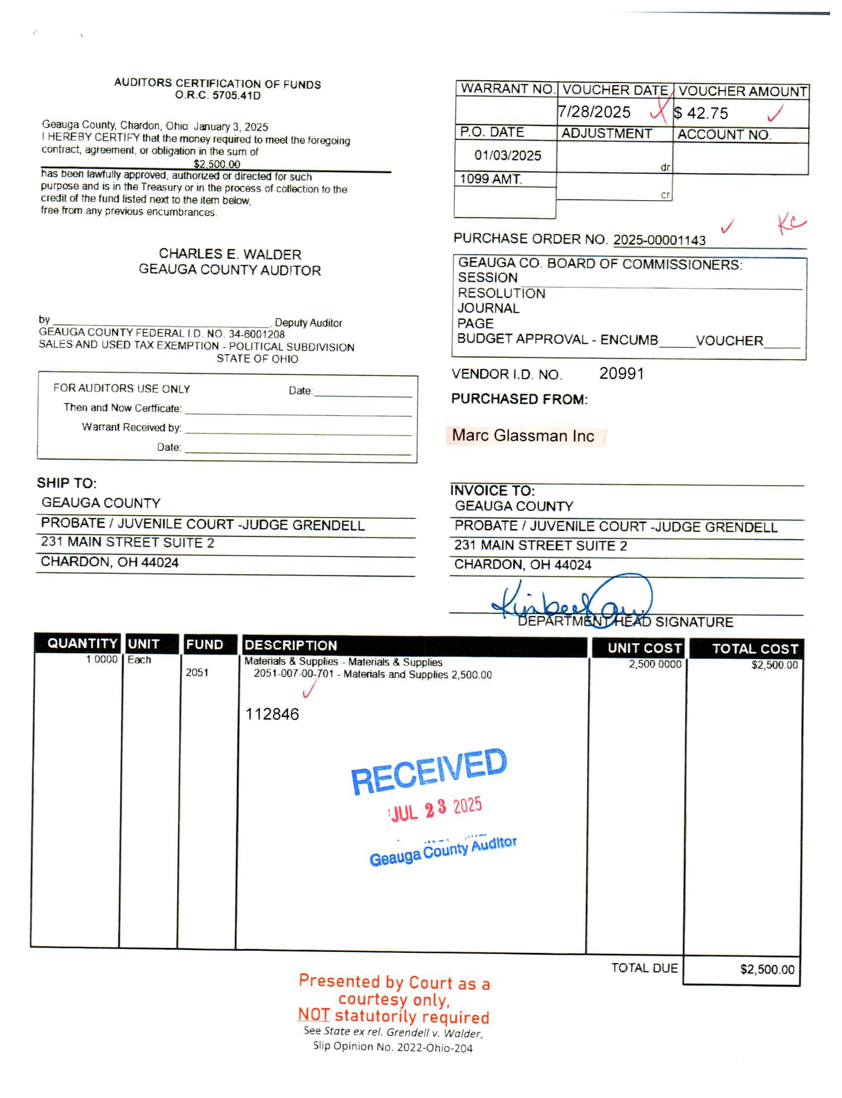 Auditor's Certification of Funds