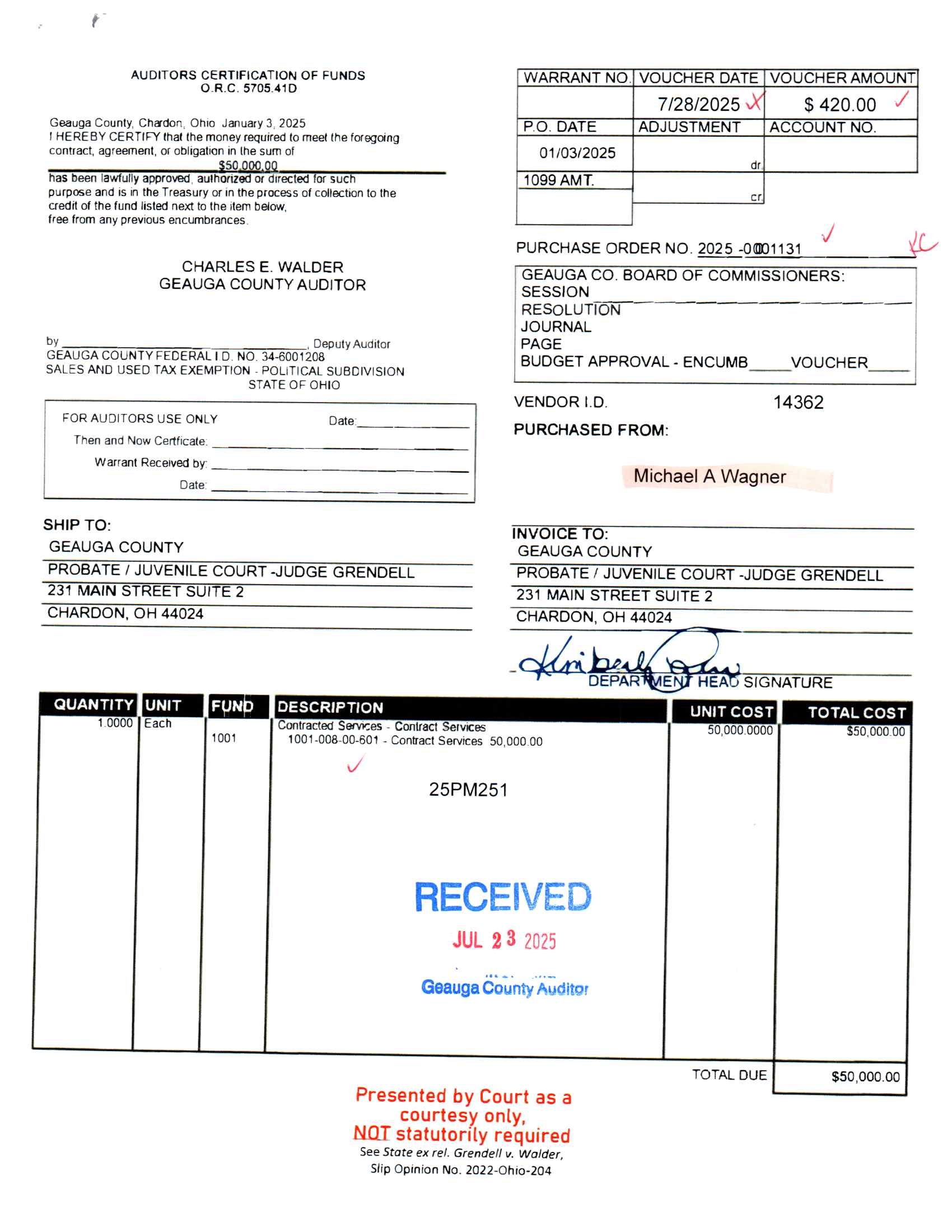 Auditor's Certification of Funds