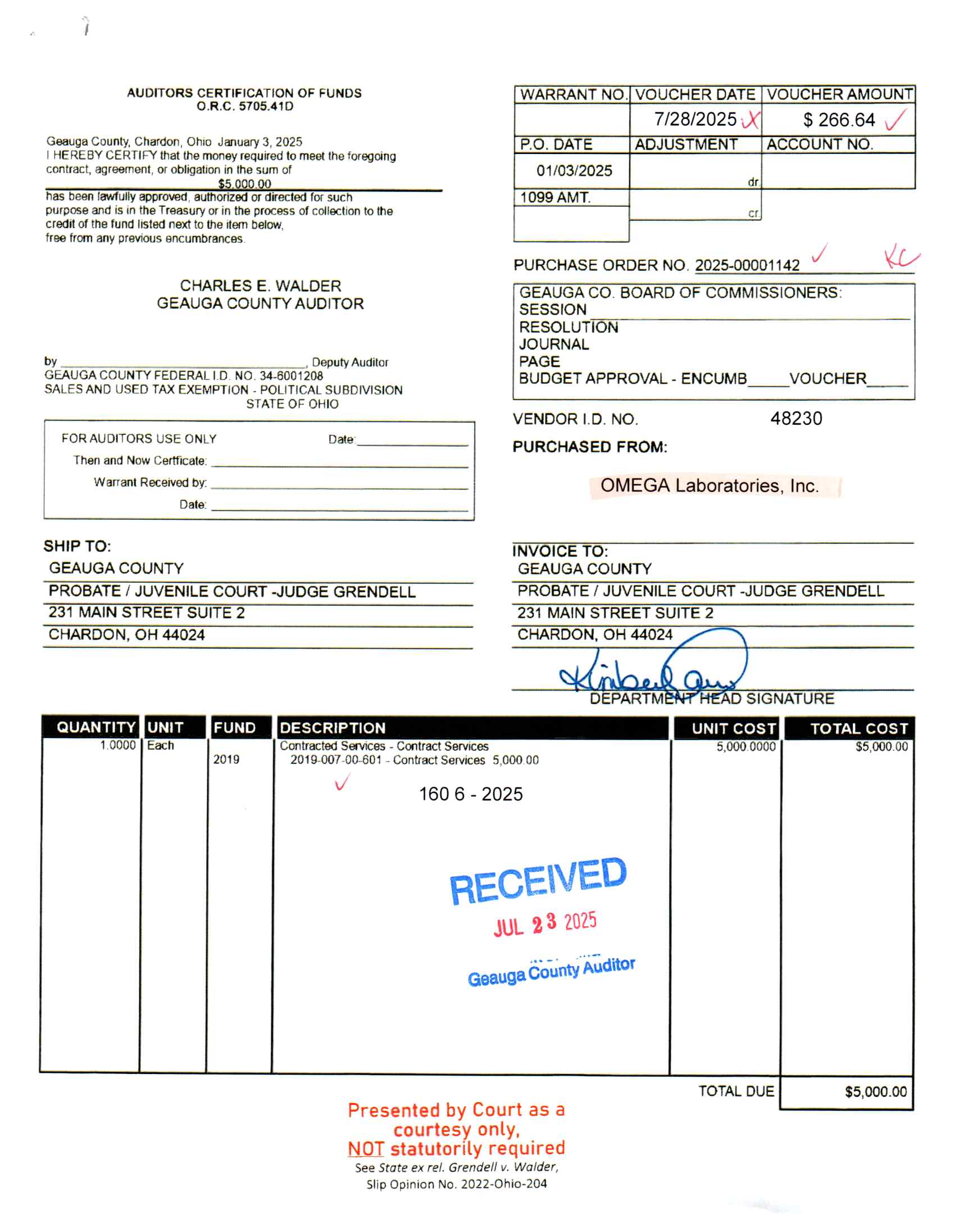 Auditor's Certification of Funds