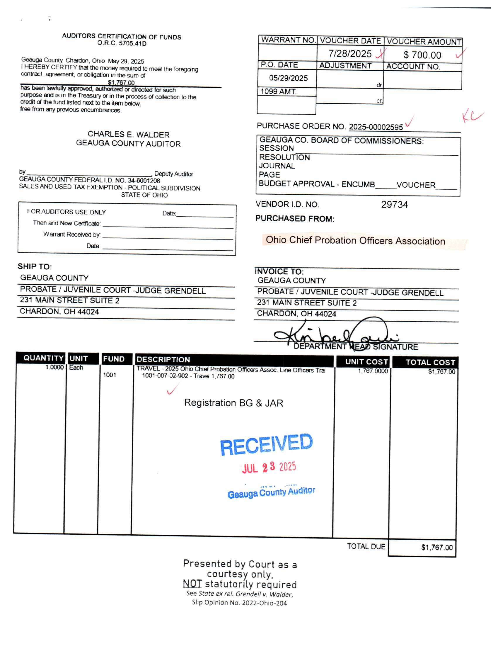 Auditor's Certification of Funds