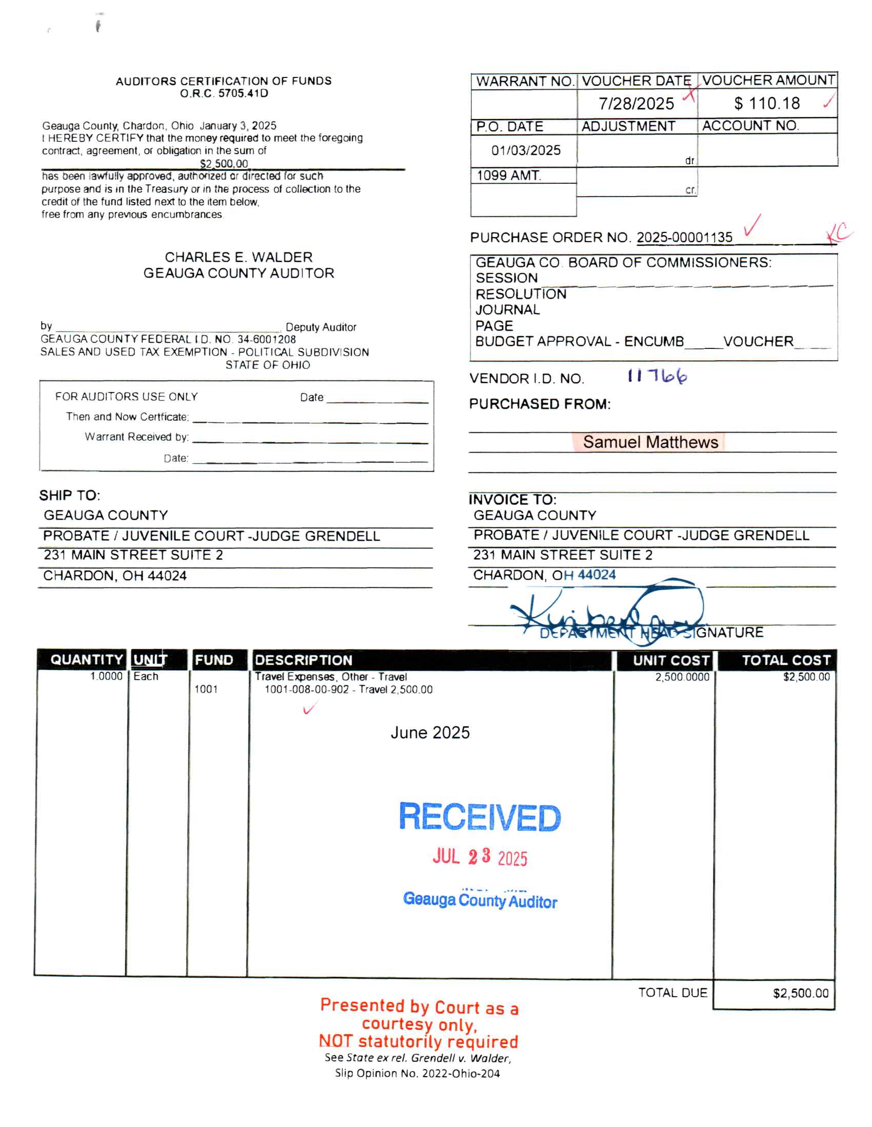 Auditor's Certification of Funds
