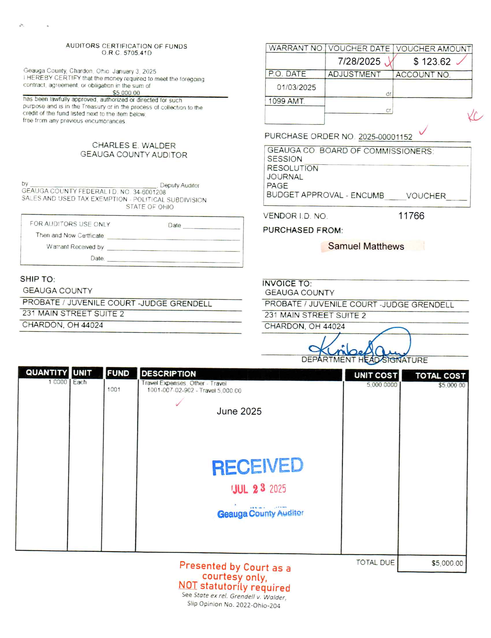Auditor's Certification of Funds