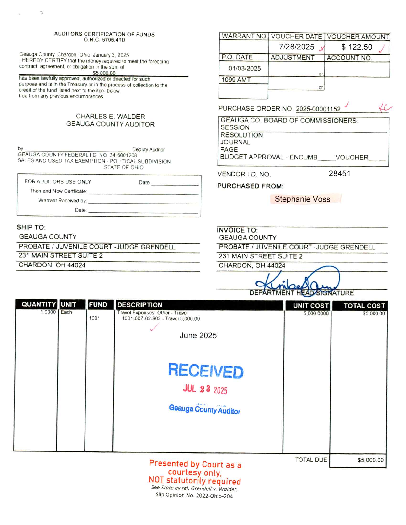 Auditor's Certification of Funds