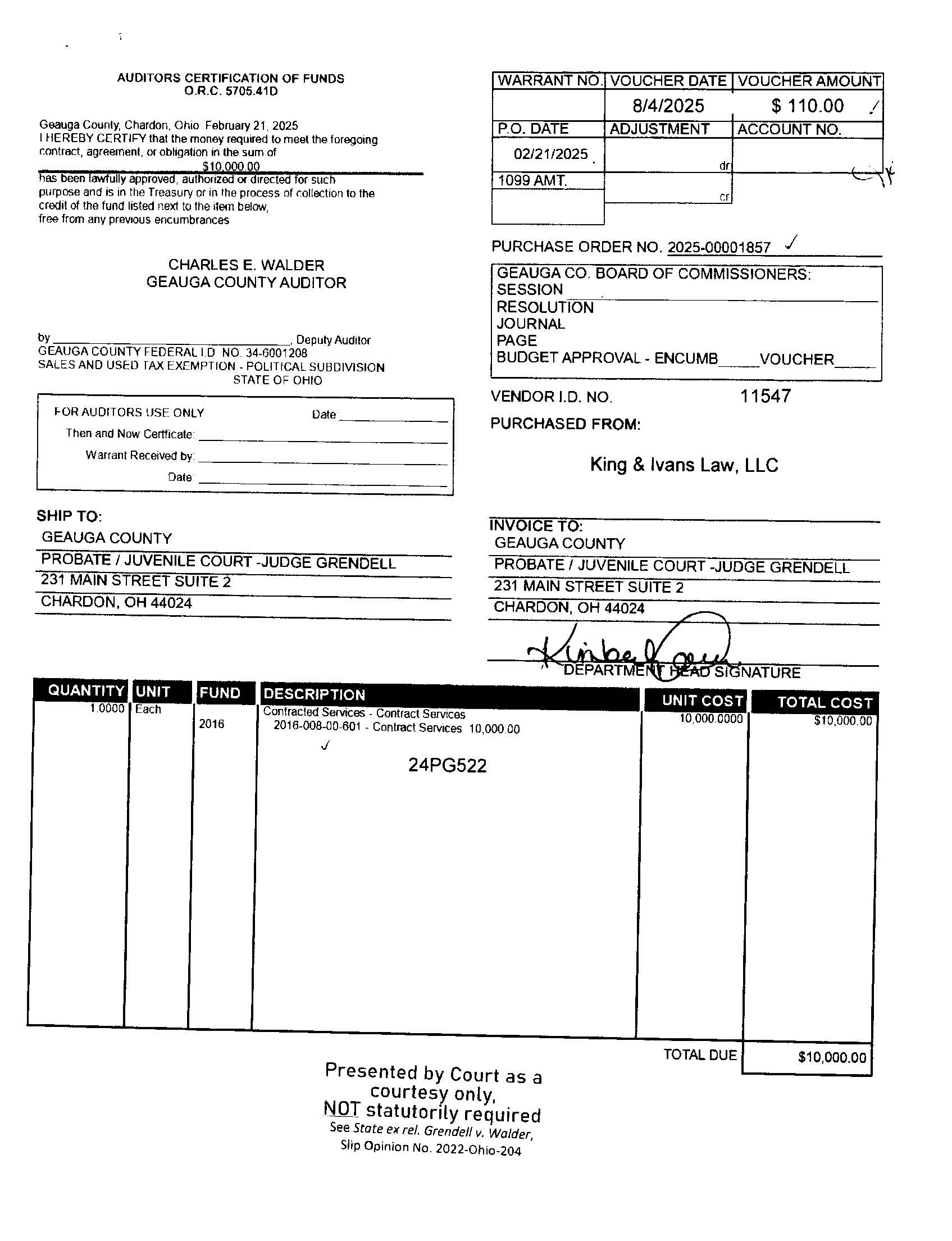 Auditor's Certification of Funds