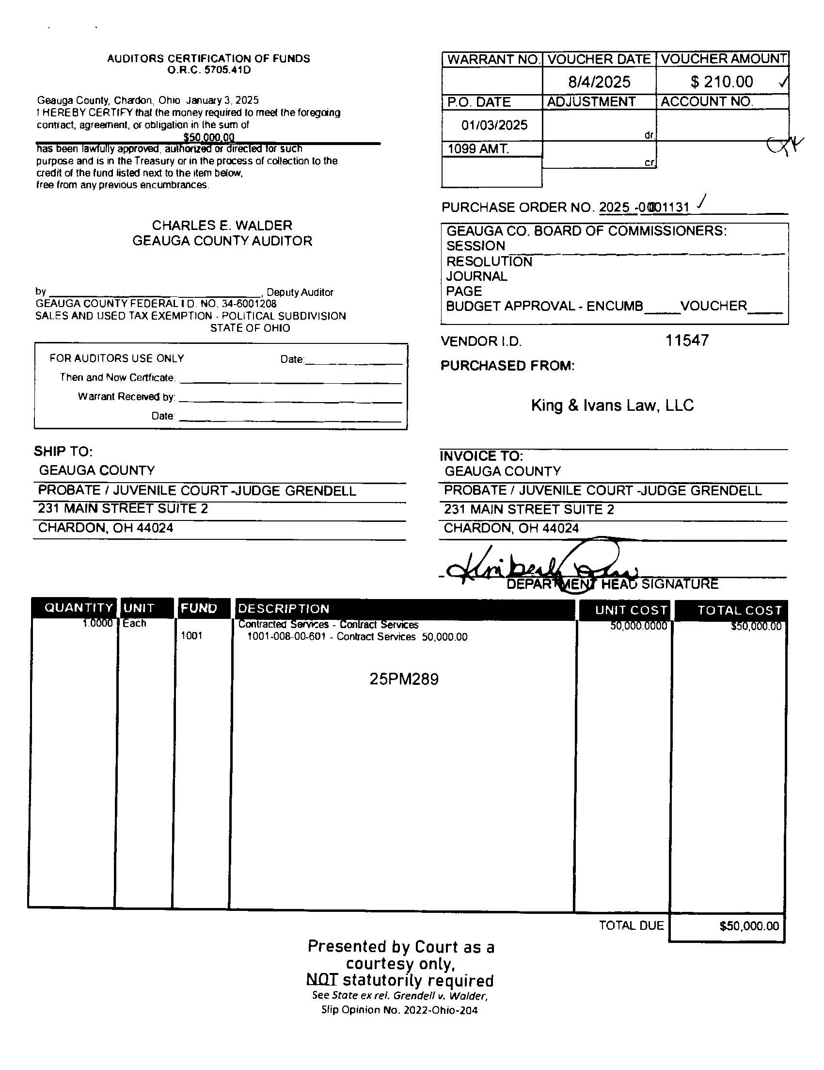 Auditor's Certification of Funds