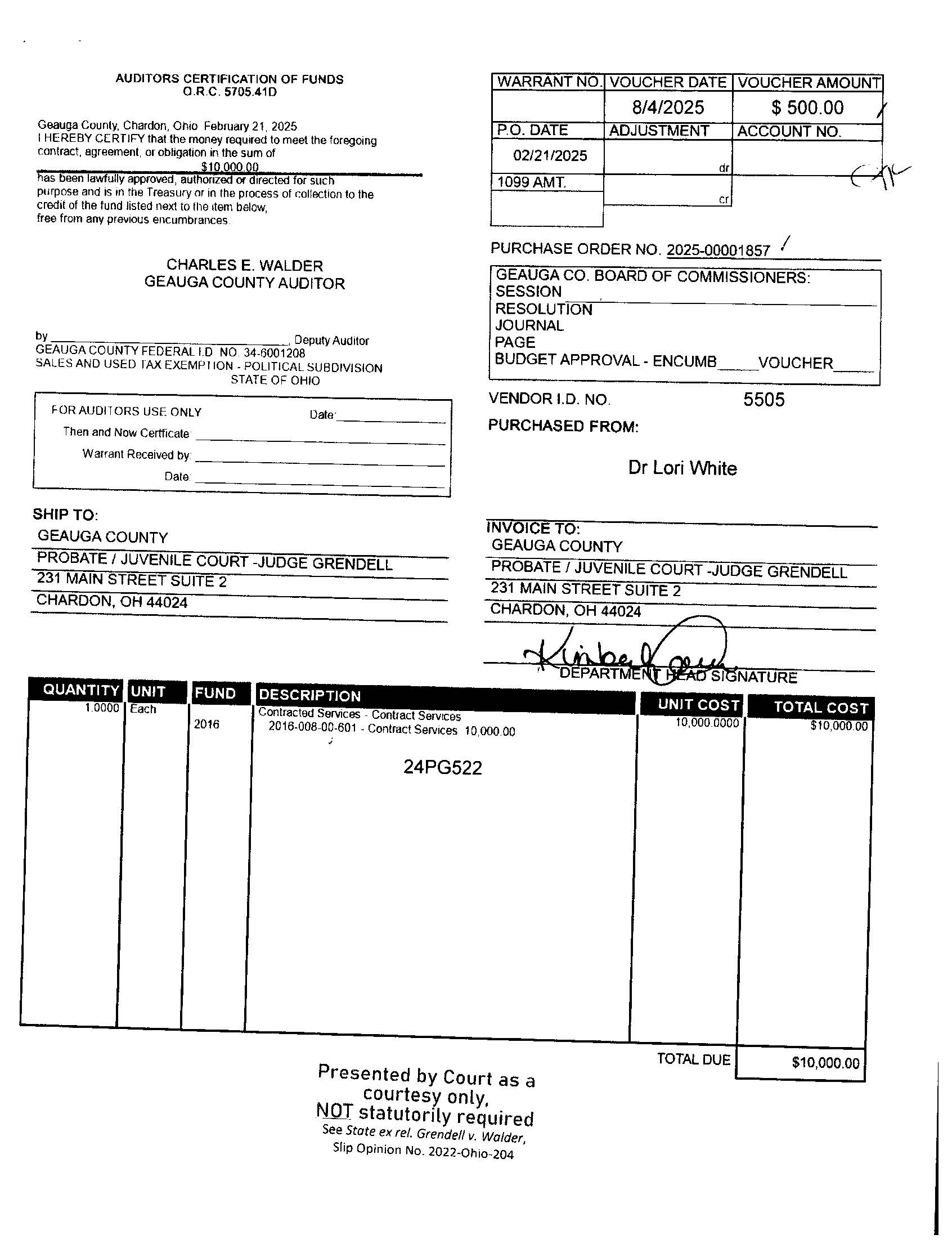 Auditor's Certification of Funds