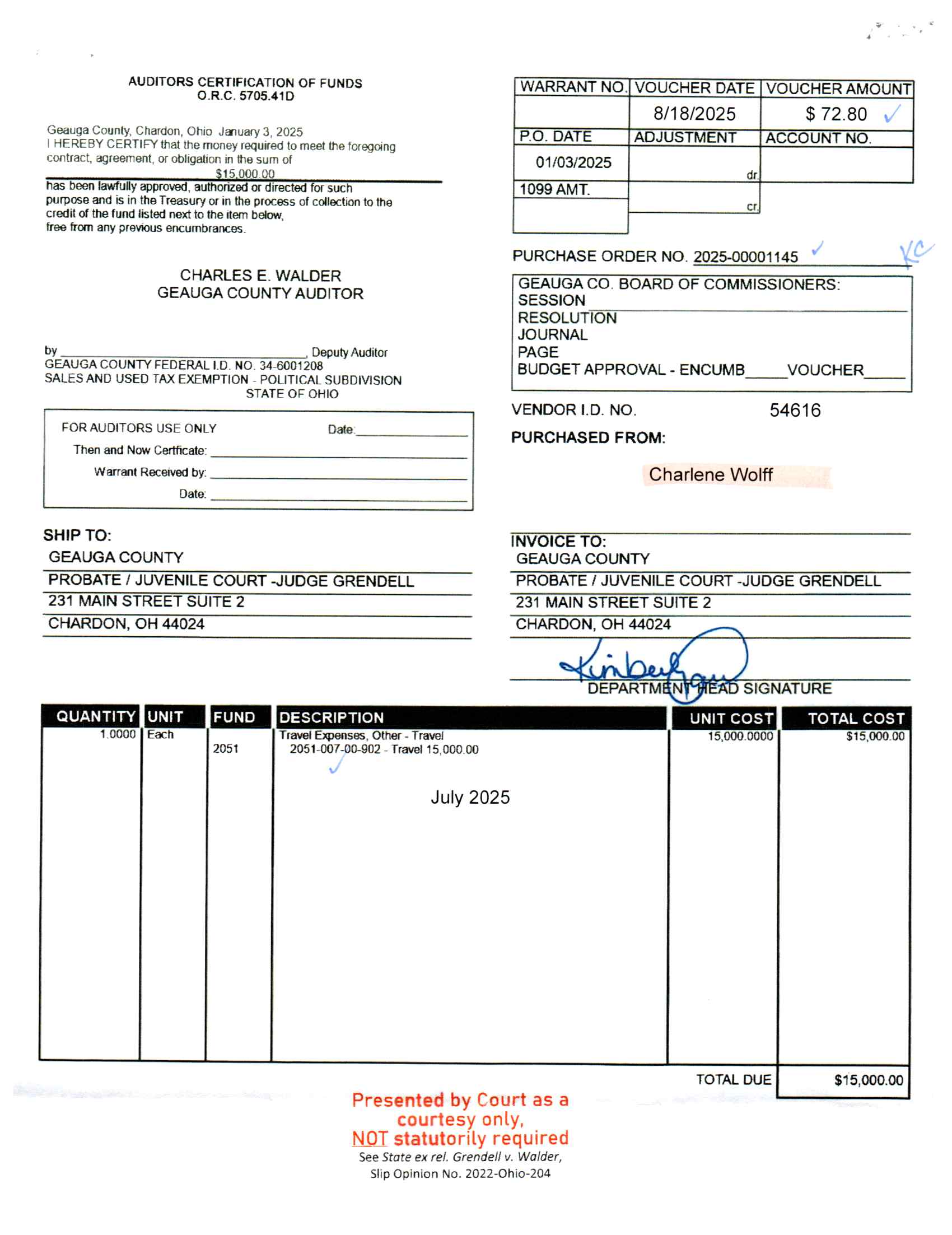 Auditor's Certification of Funds