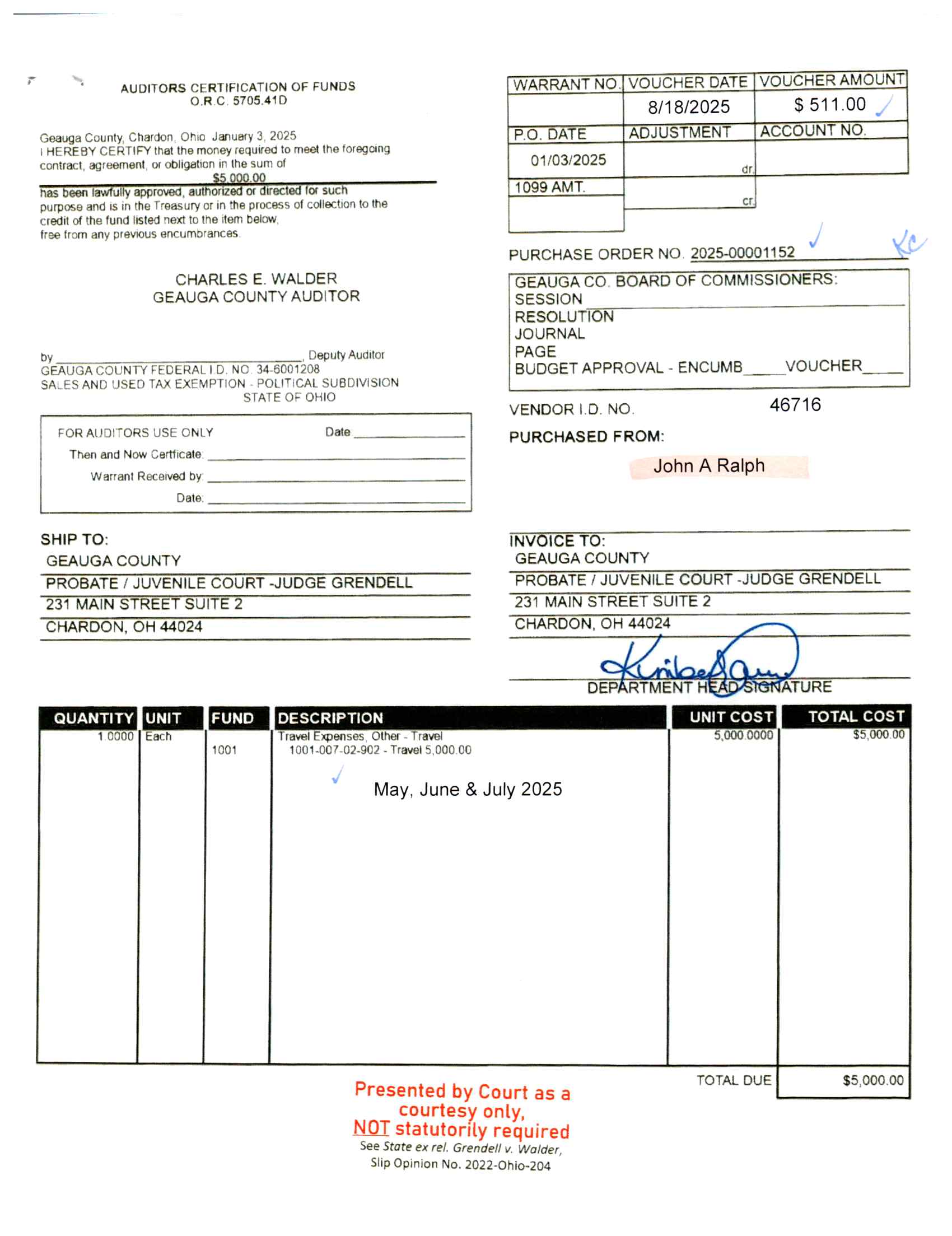 Auditor's Certification of Funds