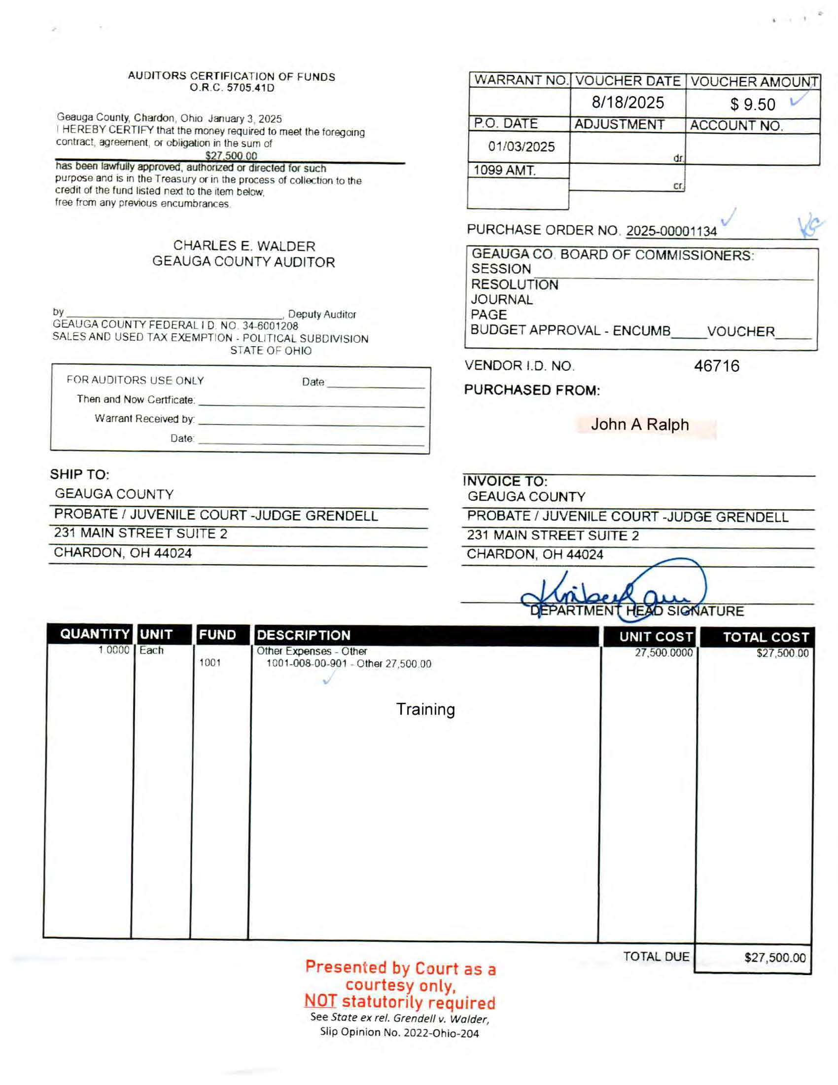 Auditor's Certification of Funds
