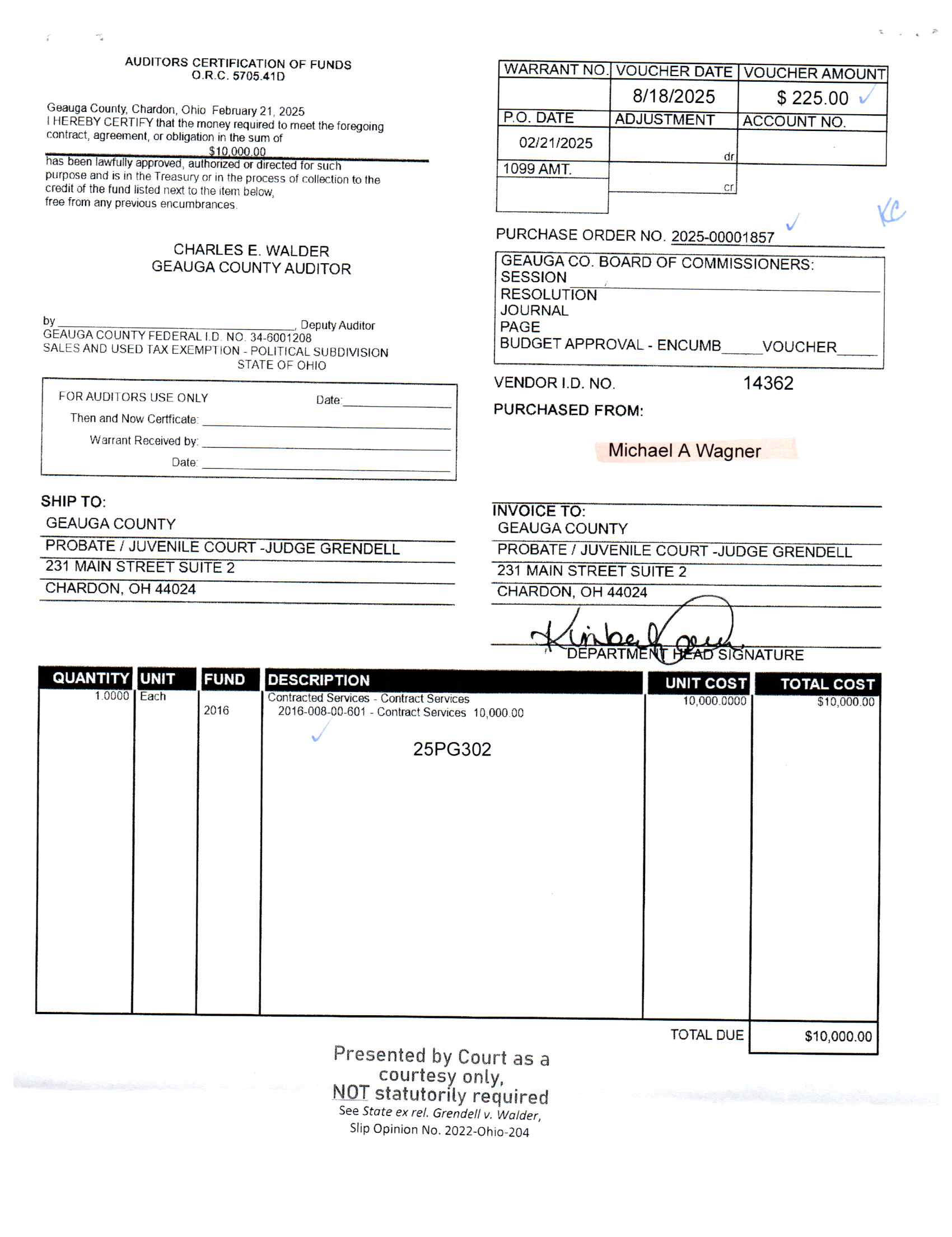 Auditor's Certification of Funds