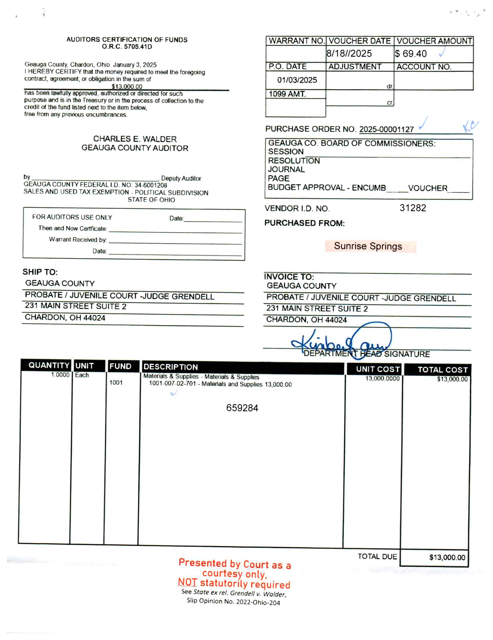 Auditor's Certification of Funds