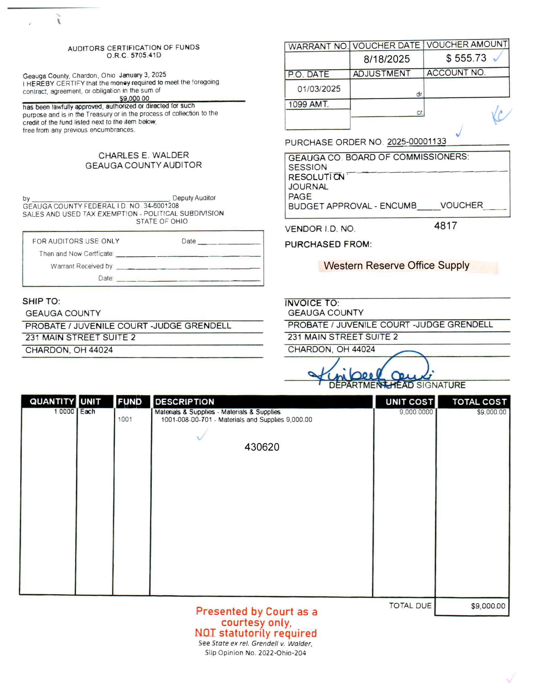 Auditor's Certification of Funds