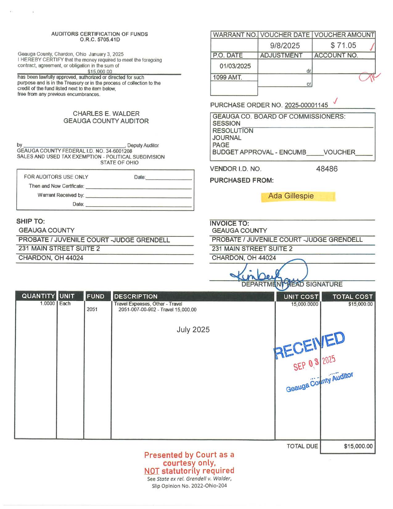Auditor's Certification of Funds