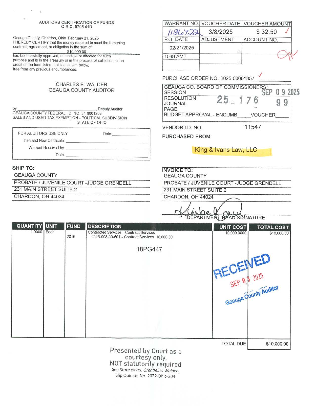 Auditor's Certification of Funds
