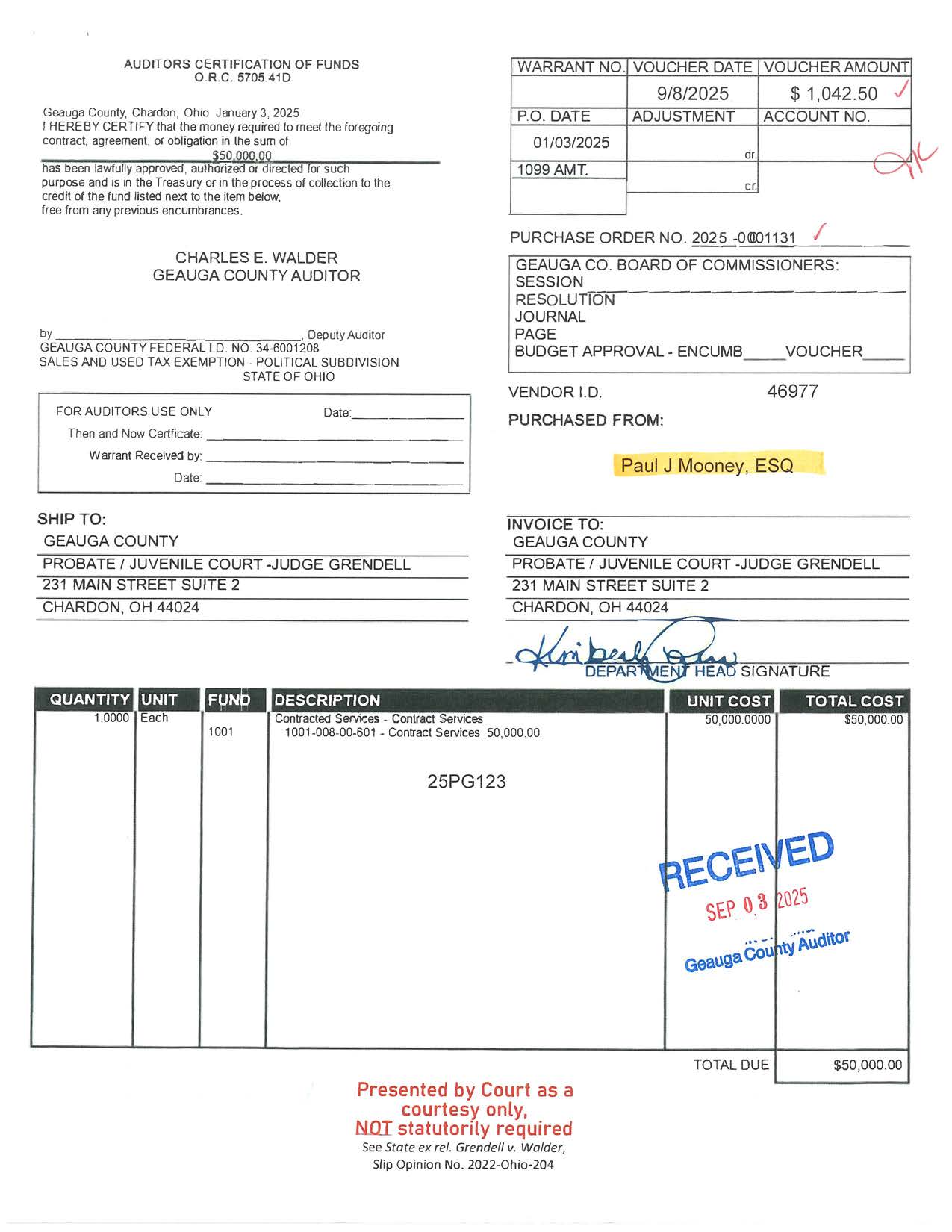 Auditor's Certification of Funds