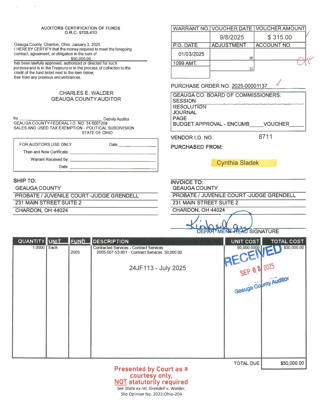 Auditor's Certification of Funds