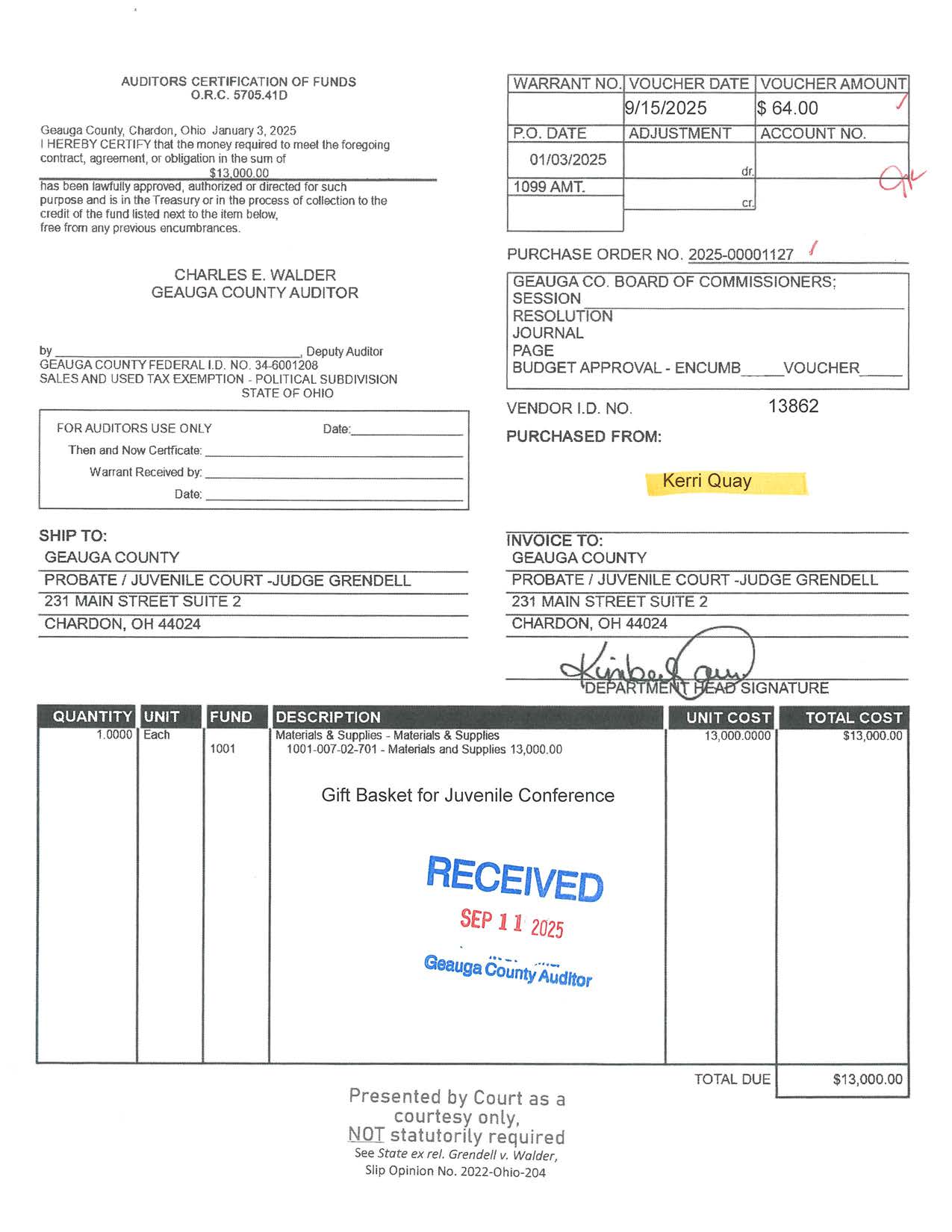 Auditor's Certification of Funds