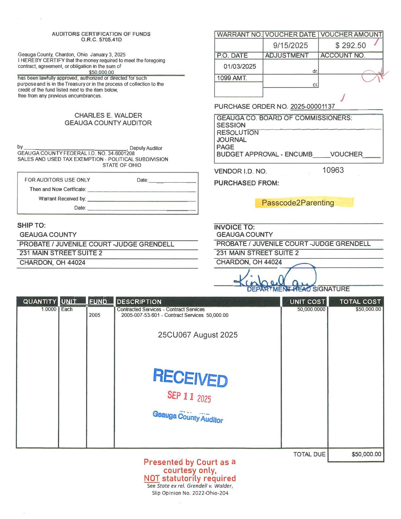 Auditor's Certification of Funds