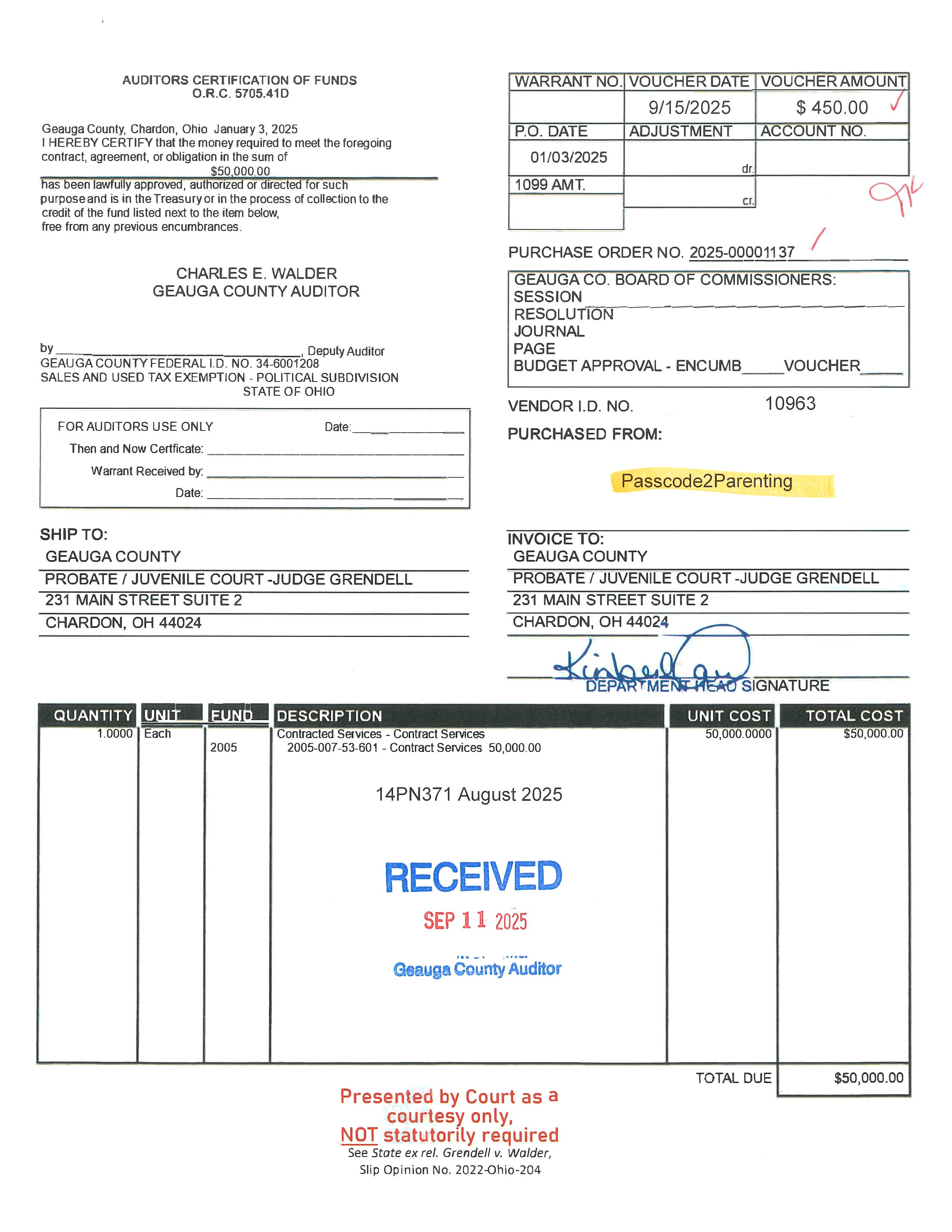 Auditor's Certification of Funds