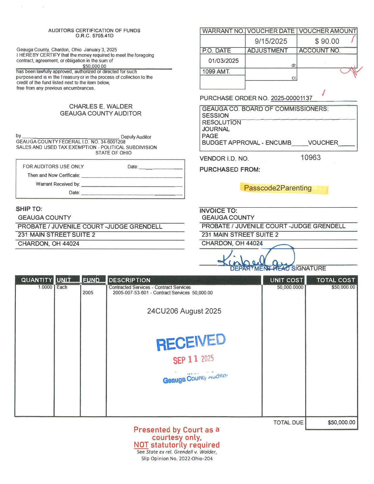 Auditor's Certification of Funds