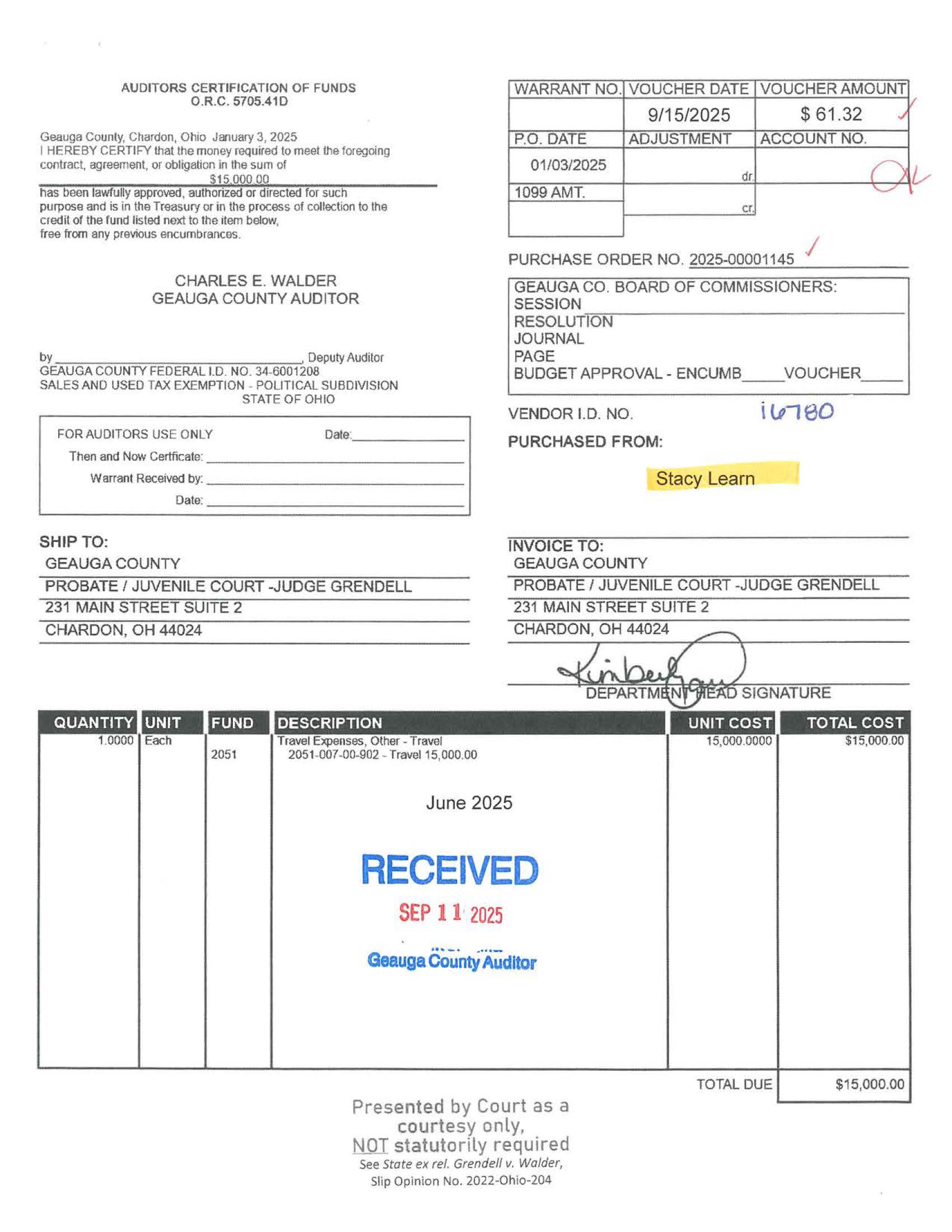 Auditor's Certification of Funds