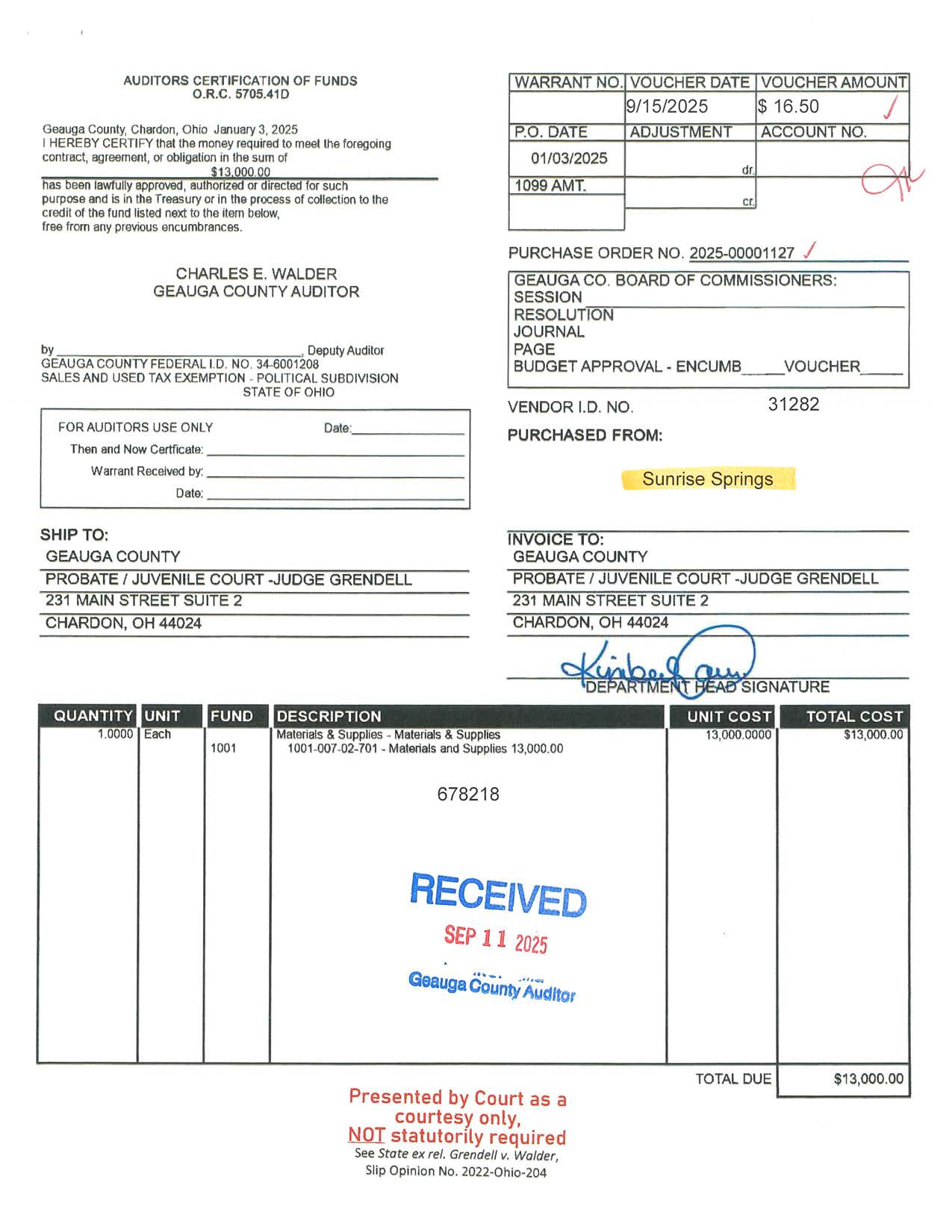 Auditor's Certification of Funds