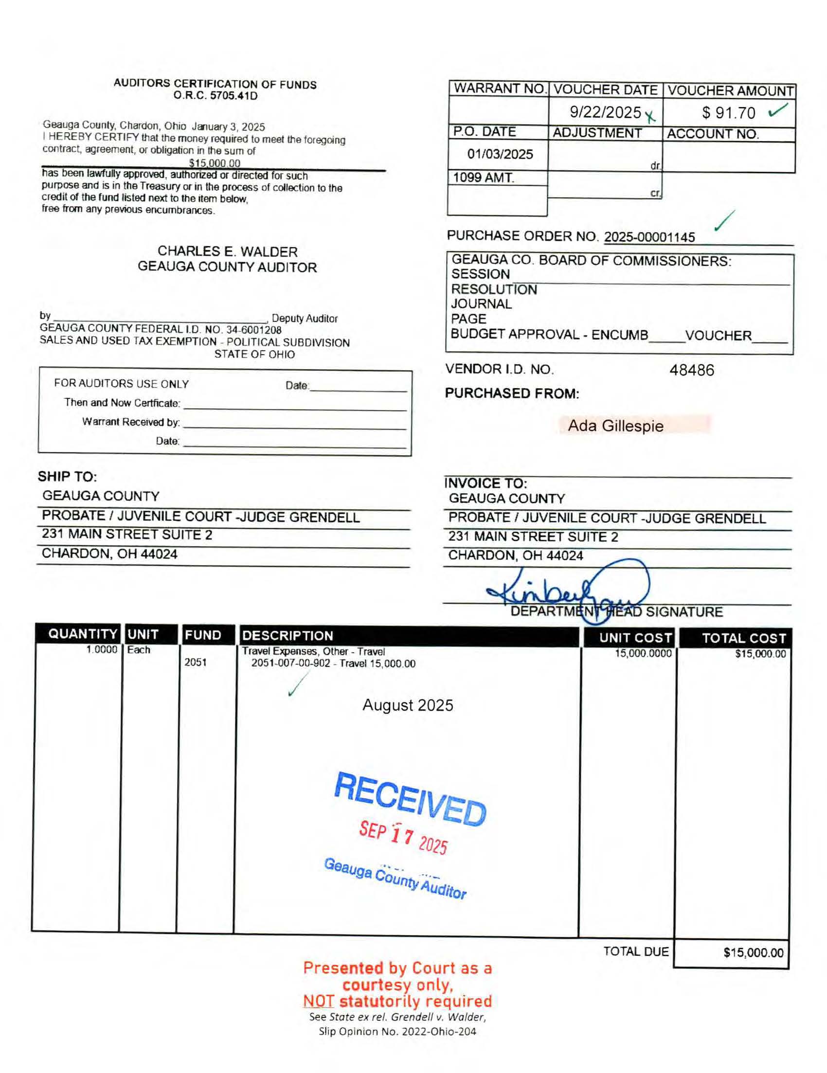 Auditor's Certification of Funds