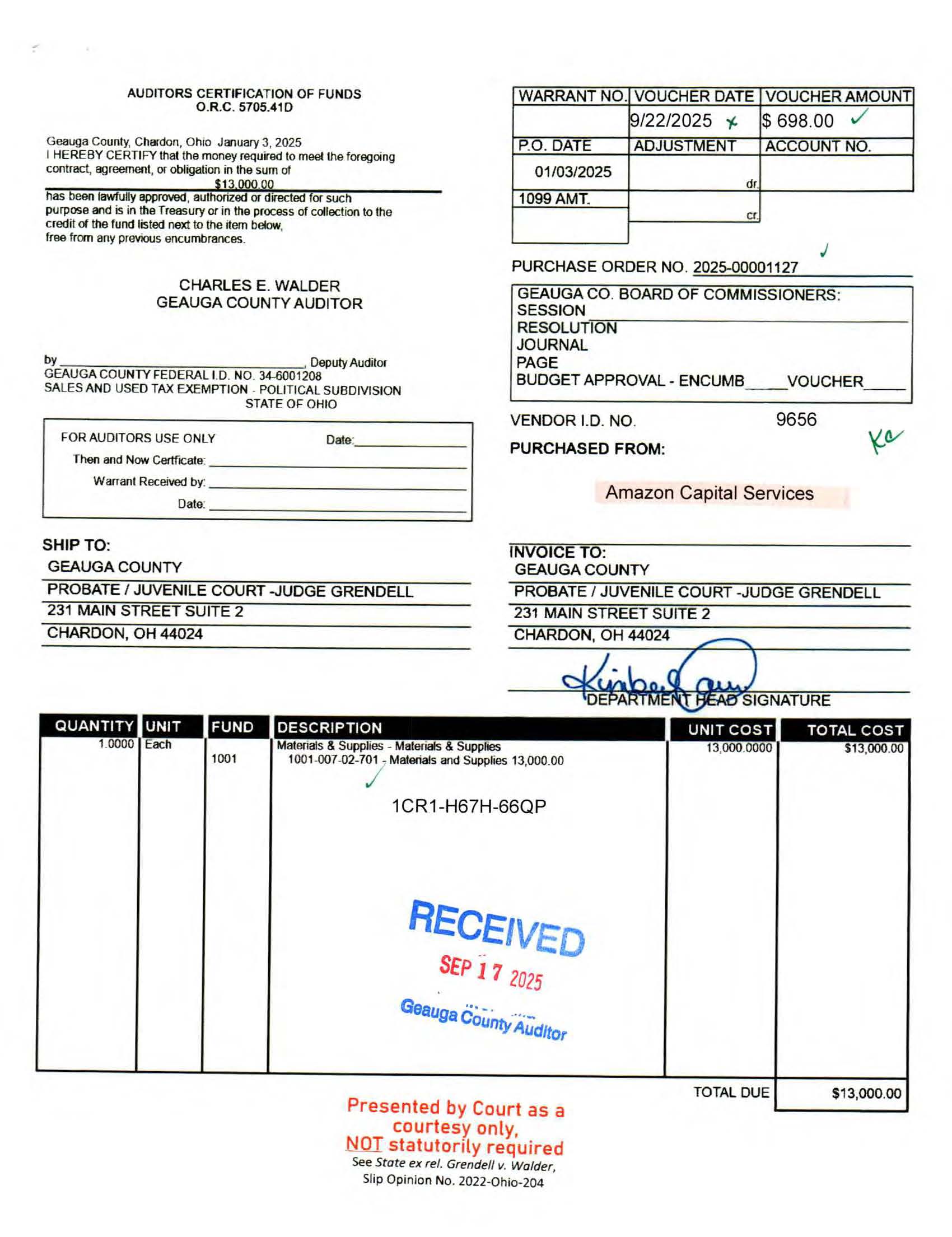 Auditor's Certification of Funds