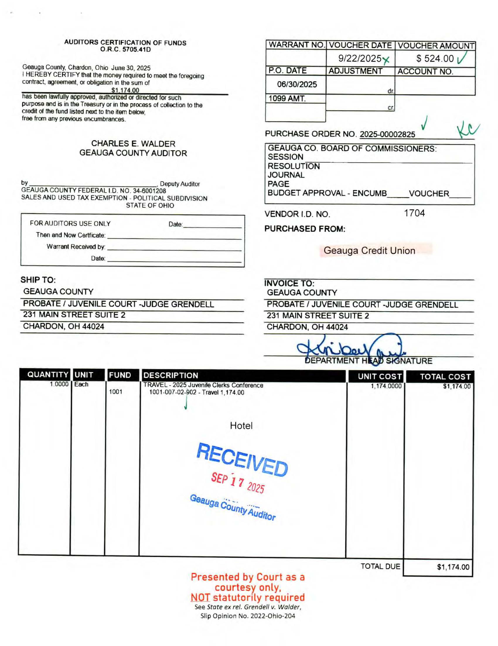 Auditor's Certification of Funds