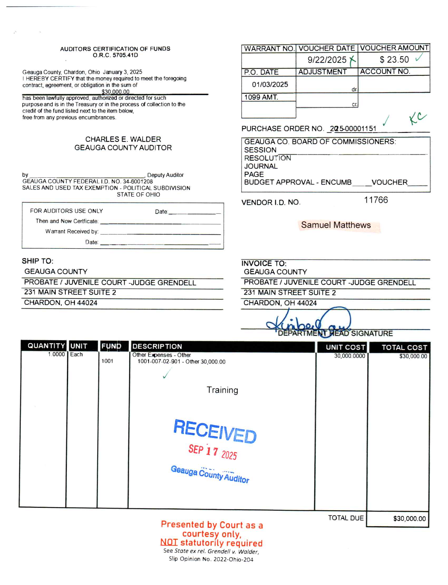 Auditor's Certification of Funds