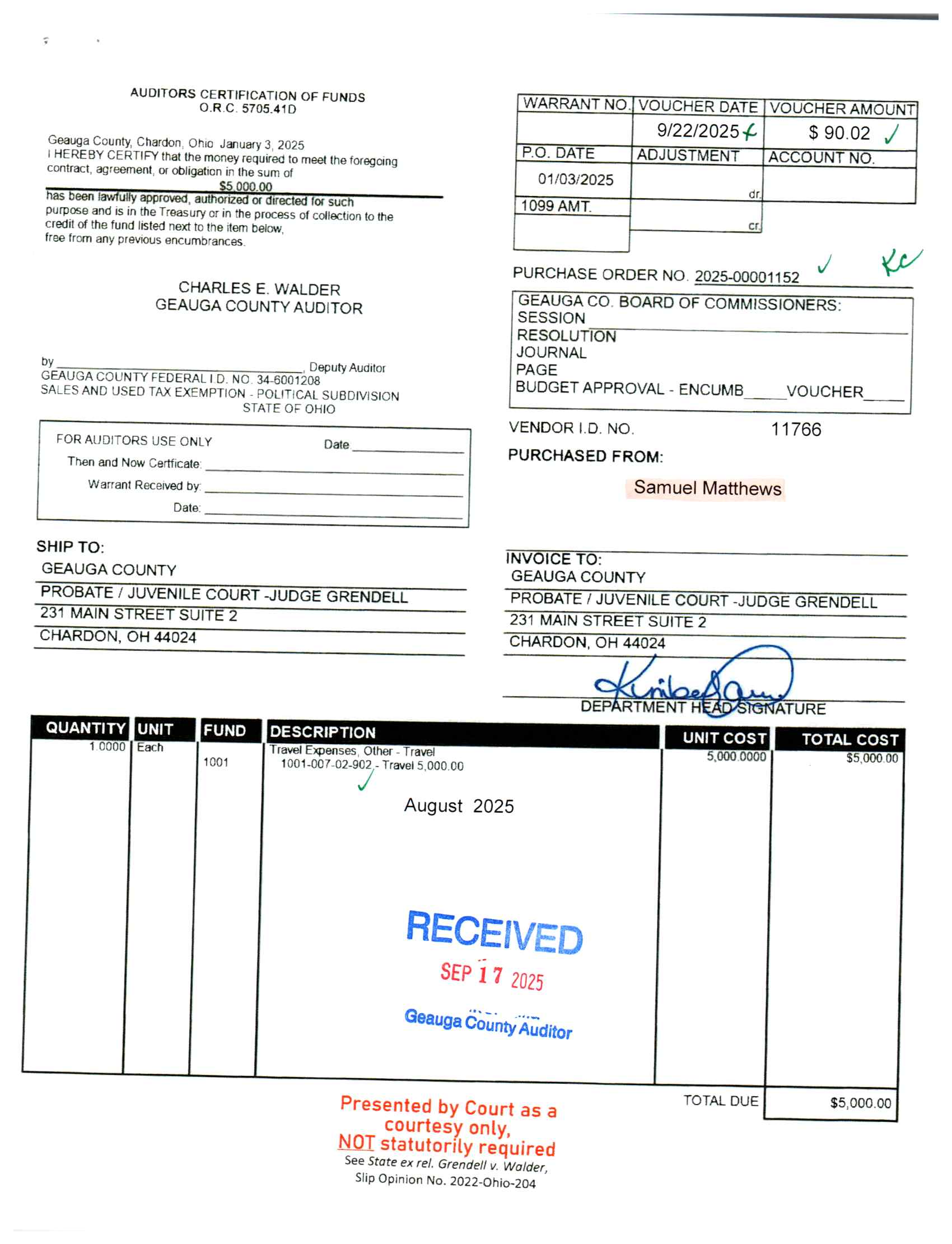 Auditor's Certification of Funds