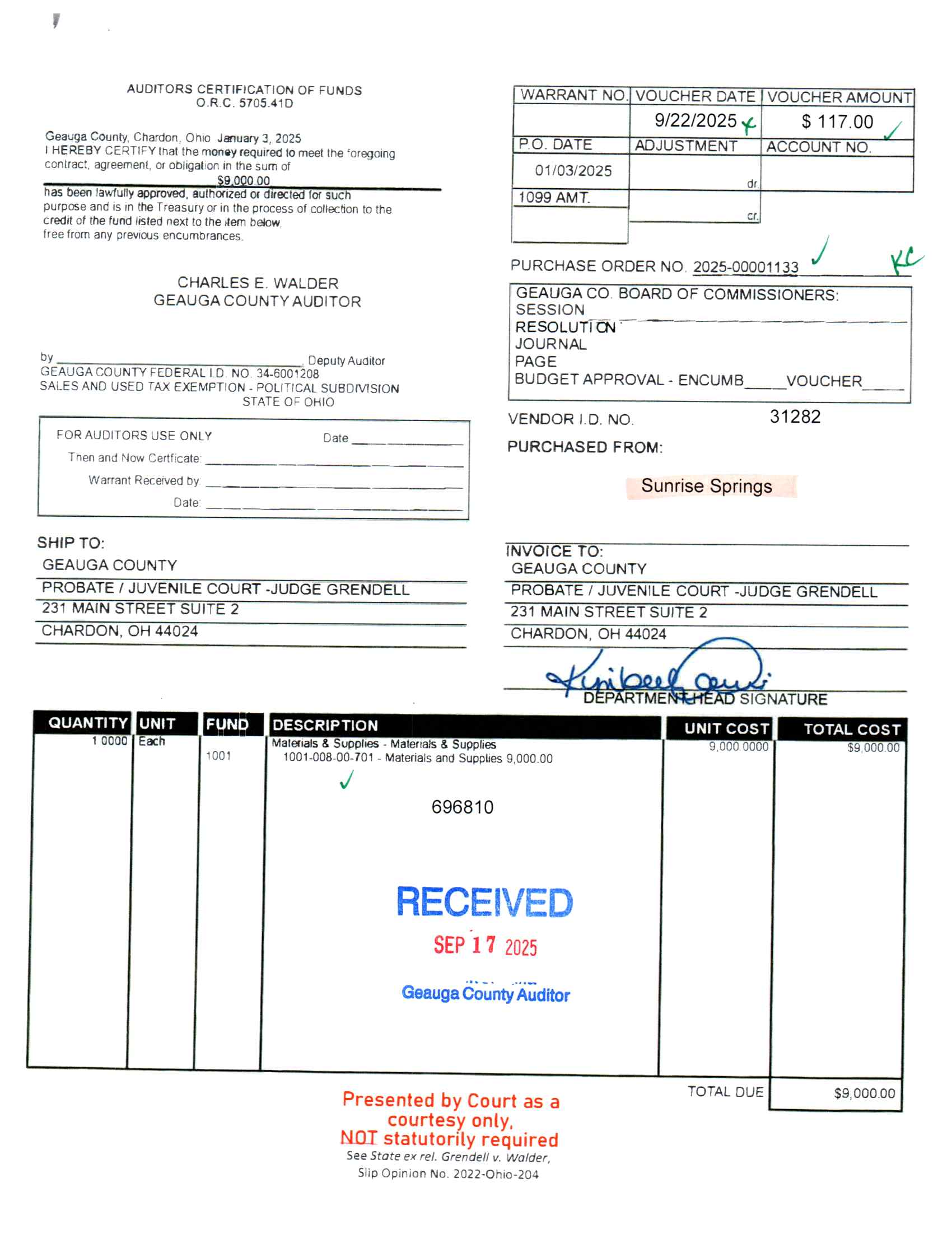 Auditor's Certification of Funds