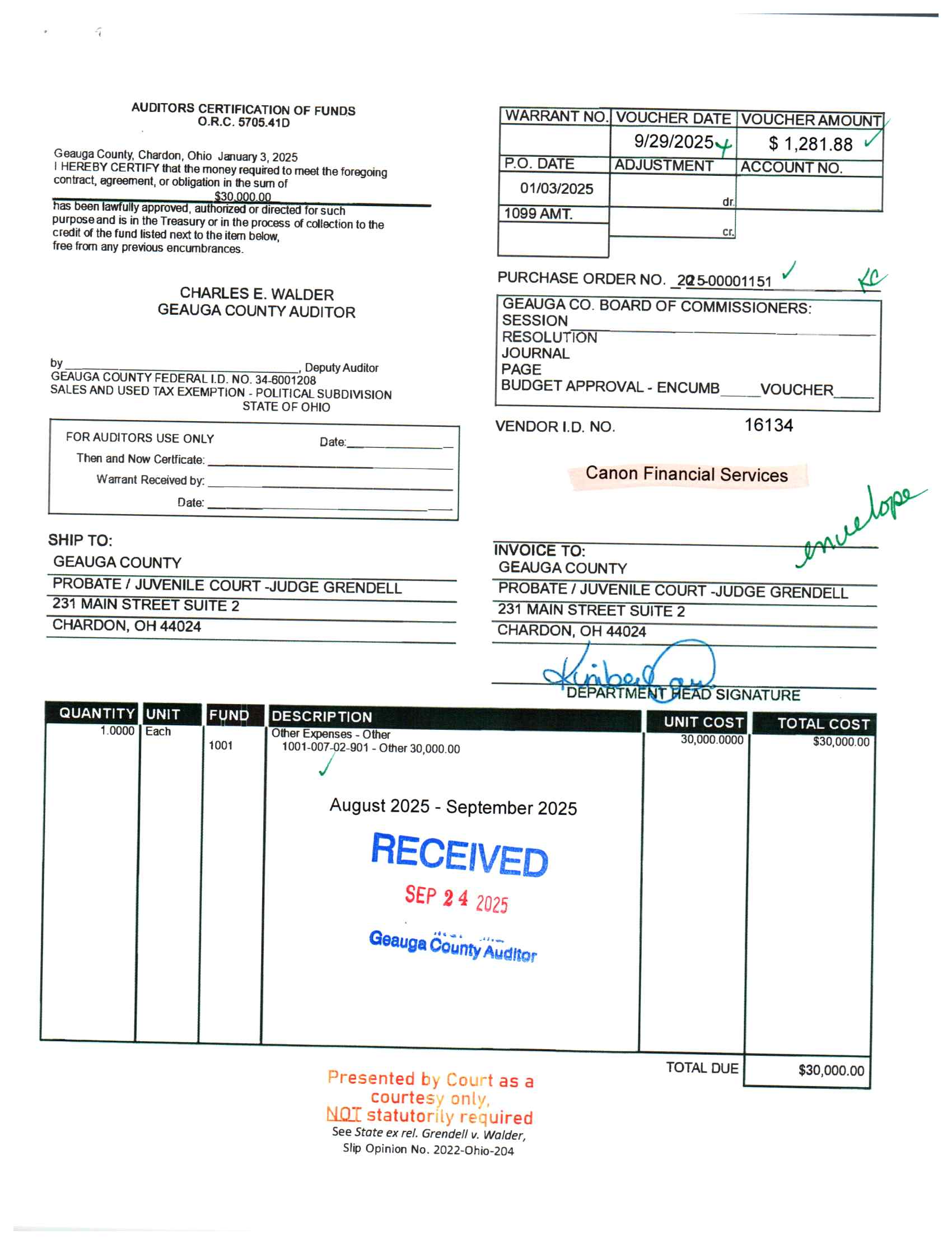 Auditor's Certification of Funds