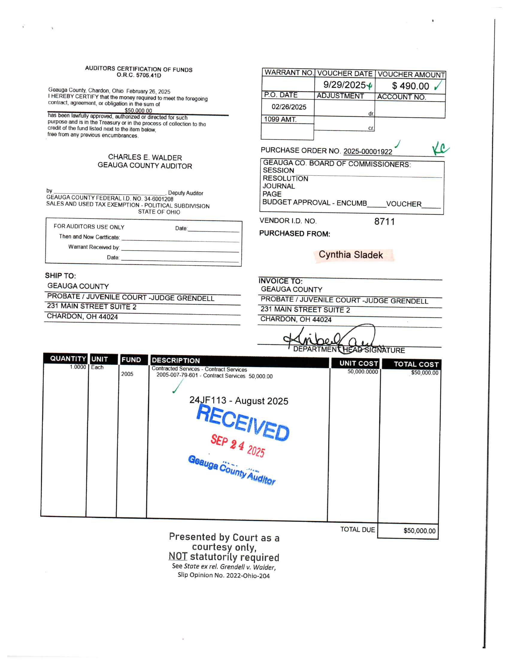 Auditor's Certification of Funds
