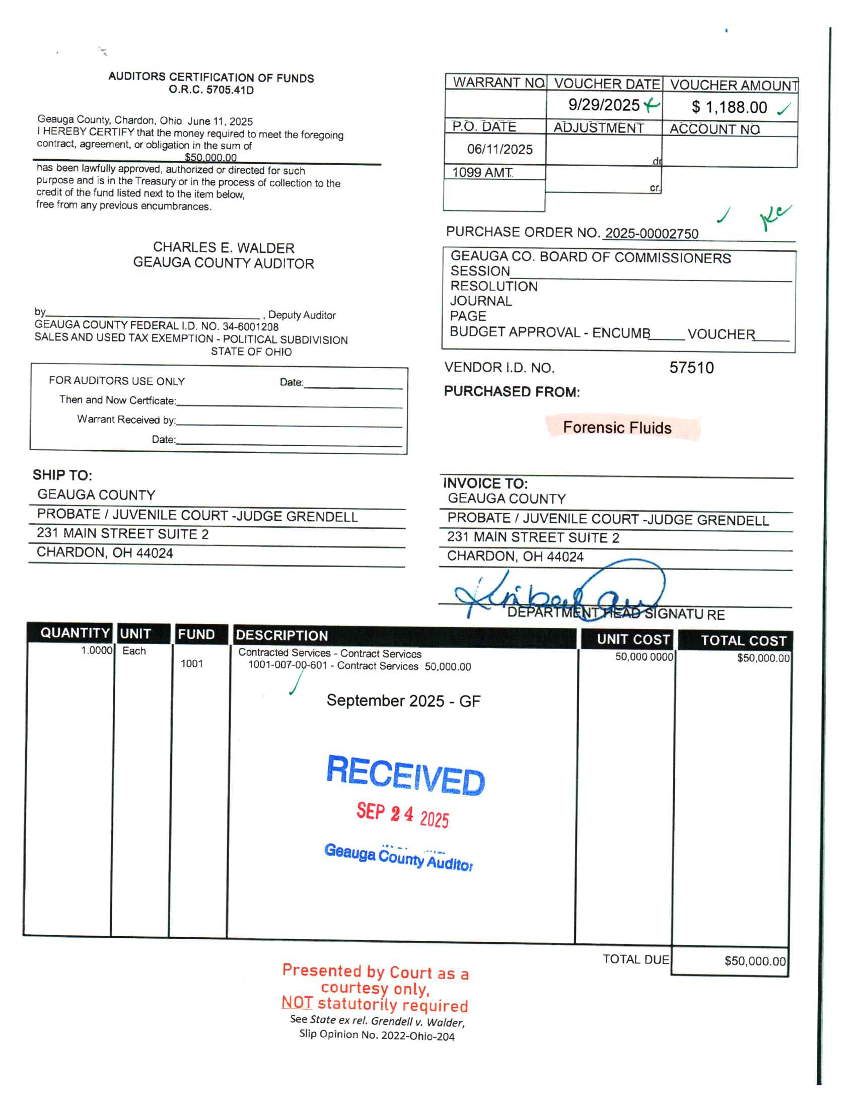 Auditor's Certification of Funds