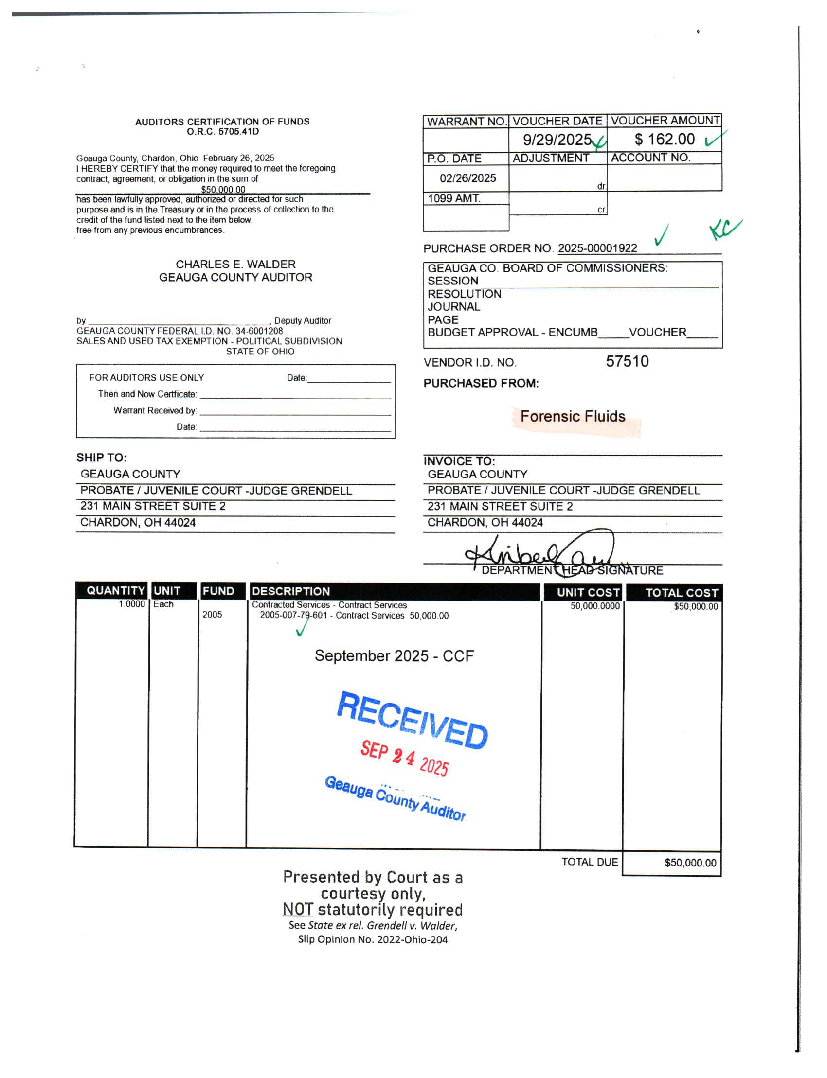 Auditor's Certification of Funds