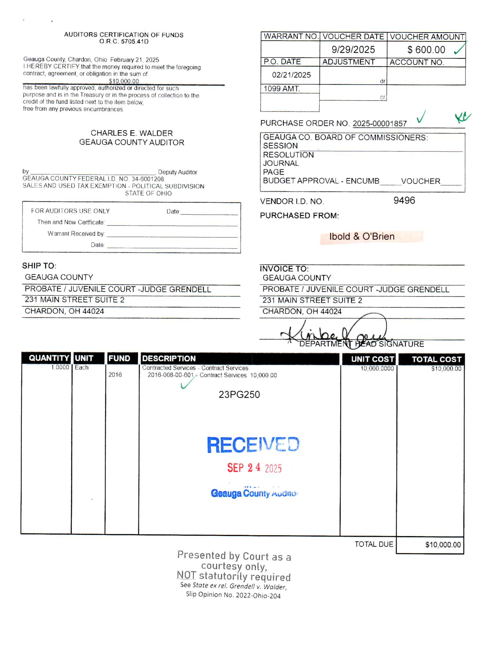 Auditor's Certification of Funds