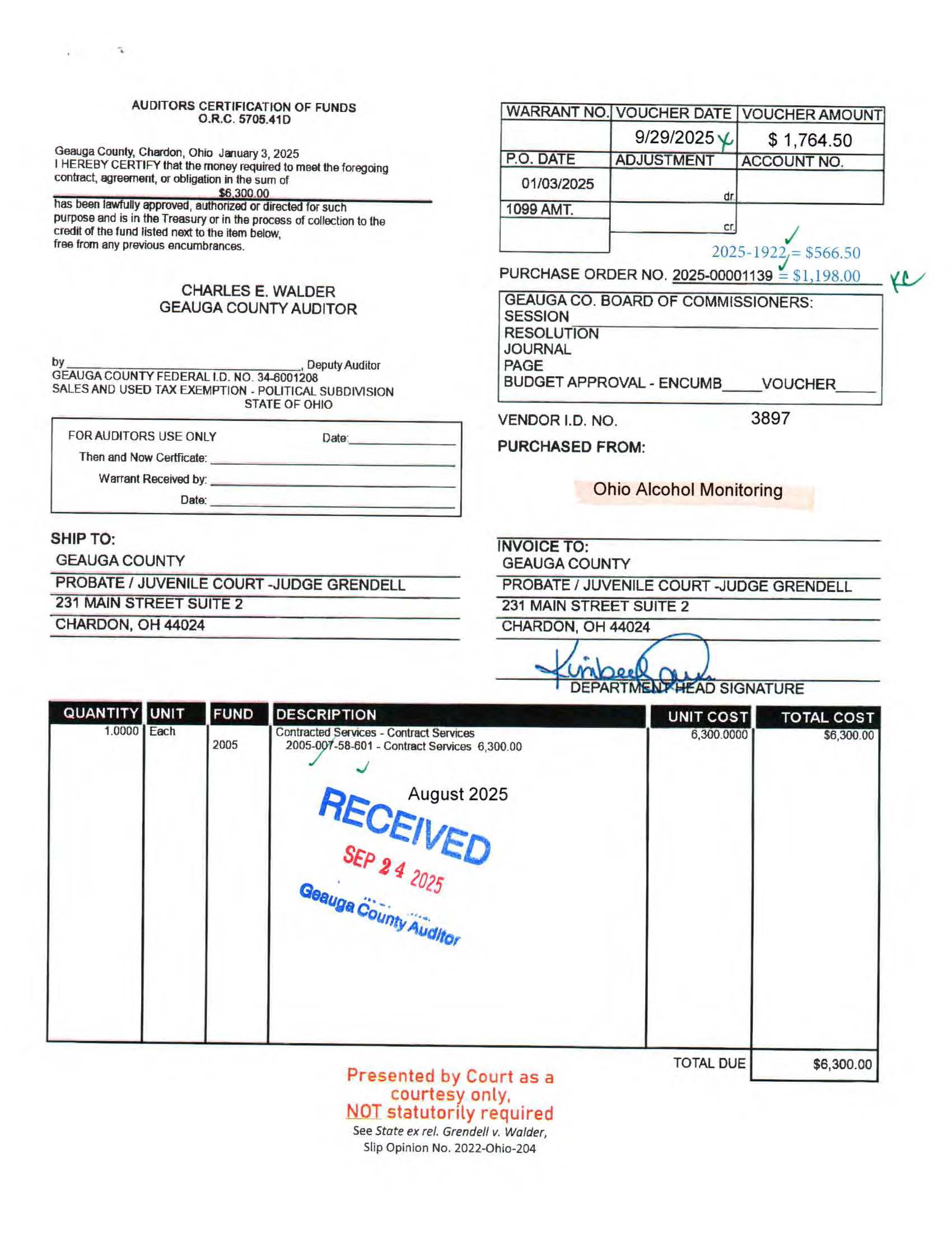 Auditor's Certification of Funds